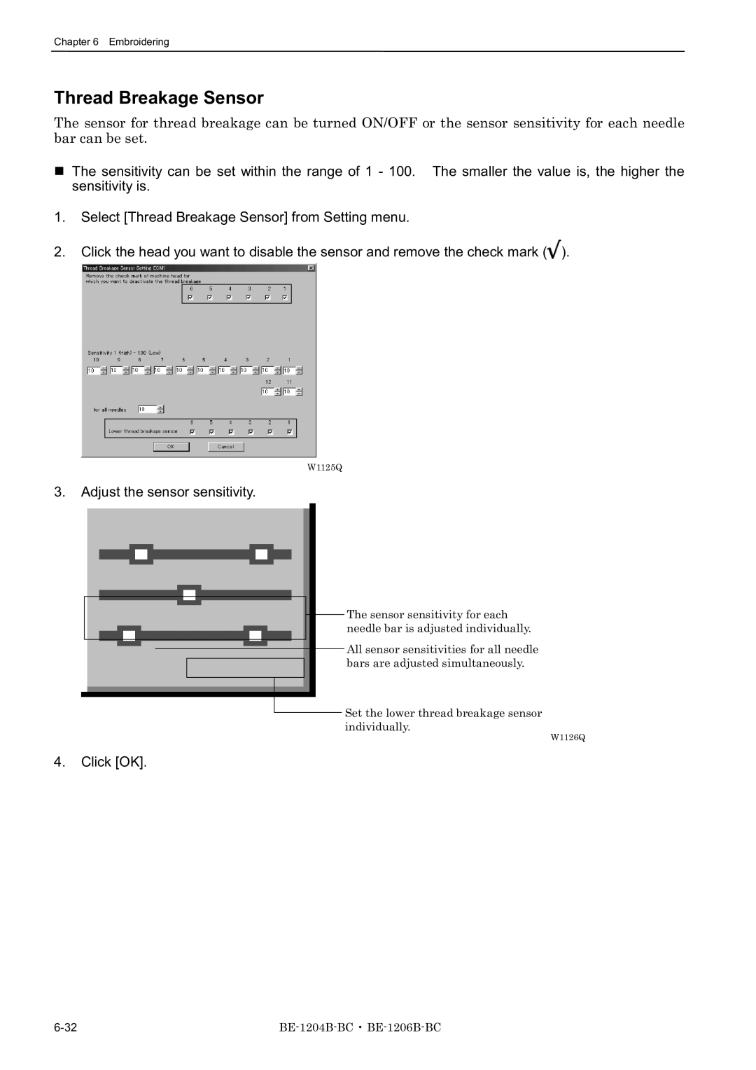 Brother BE-1204C-BC, BE-1206B-BC, BE-1204B-BC instruction manual Thread Breakage Sensor, Adjust the sensor sensitivity 