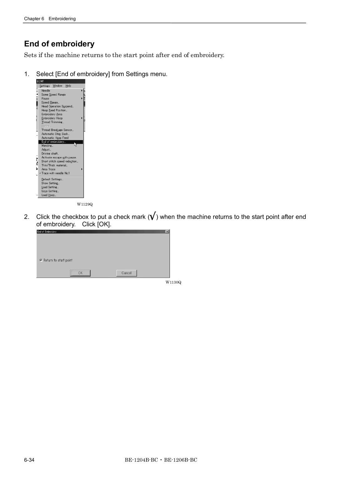 Brother BE-1204B-BC, BE-1206B-BC, BE-1204C-BC instruction manual Select End of embroidery from Settings menu 