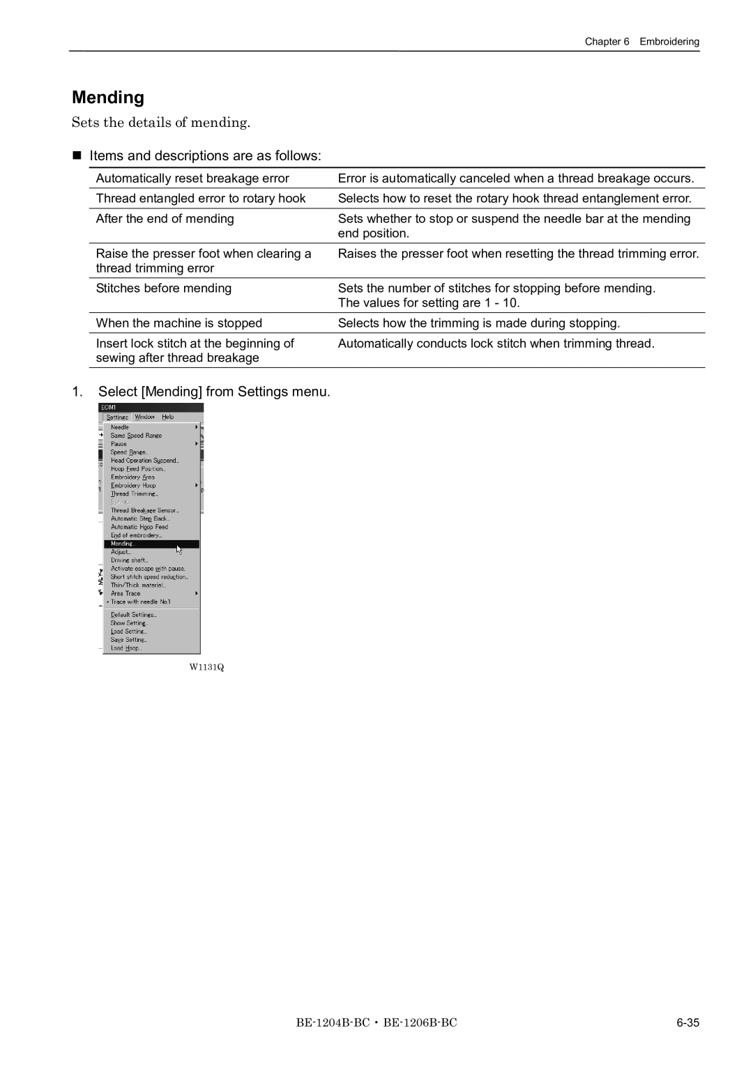 Brother BE-1204C-BC, BE-1206B-BC, BE-1204B-BC Mending, Sets the details of mending, Items and descriptions are as follows 