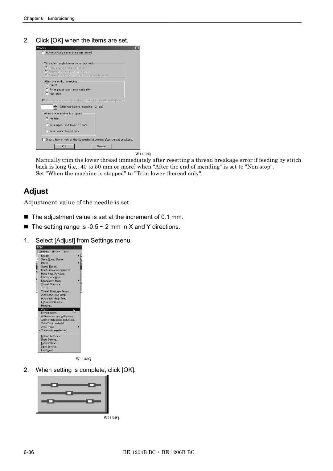 Brother BE-1206B-BC, BE-1204B-BC, BE-1204C-BC Click OK when the items are set, Adjustment value of the needle is set 