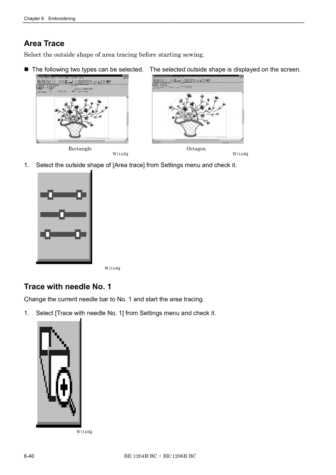 Brother BE-1204B-BC, BE-1206B-BC, BE-1204C-BC instruction manual Area Trace, Trace with needle No 