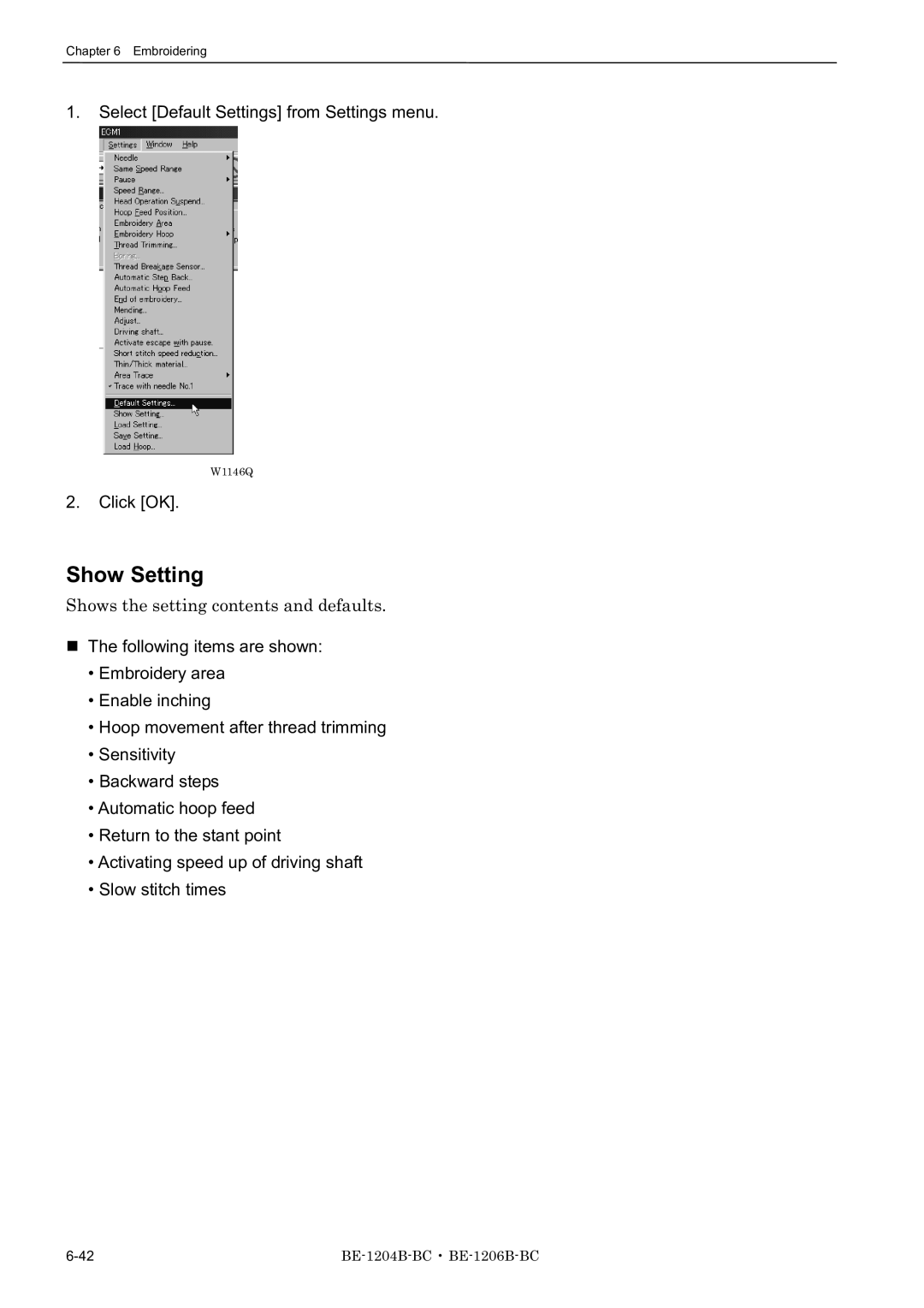 Brother BE-1206B-BC, BE-1204B-BC, BE-1204C-BC instruction manual Show Setting, Shows the setting contents and defaults 