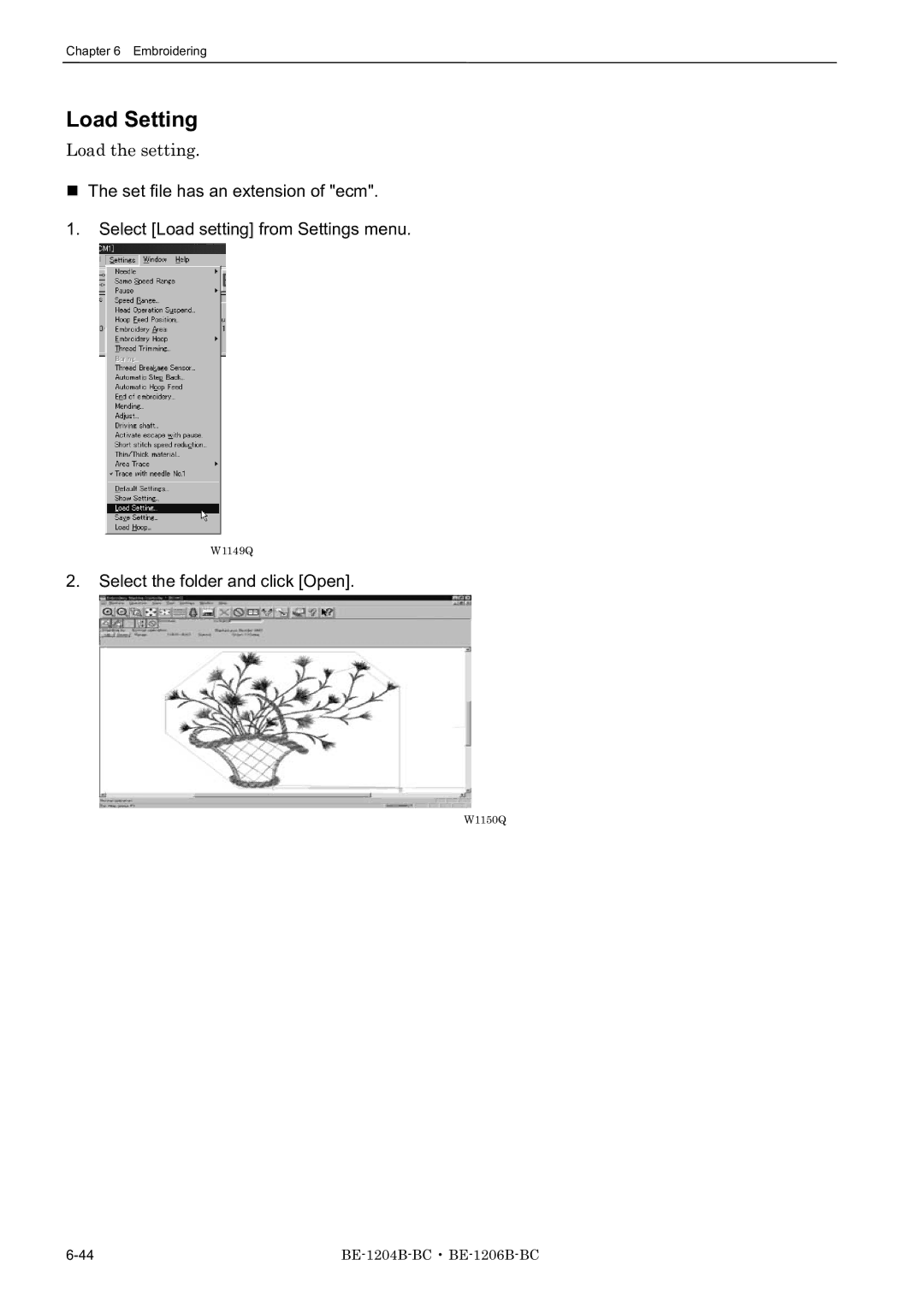 Brother BE-1204C-BC, BE-1206B-BC, BE-1204B-BC Load Setting, Load the setting, Select the folder and click Open 