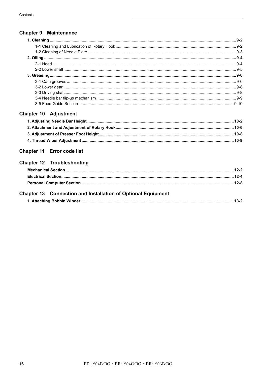 Brother BE-1206B-BC, BE-1204B-BC, BE-1204C-BC instruction manual Maintenance, Error code list Troubleshooting 