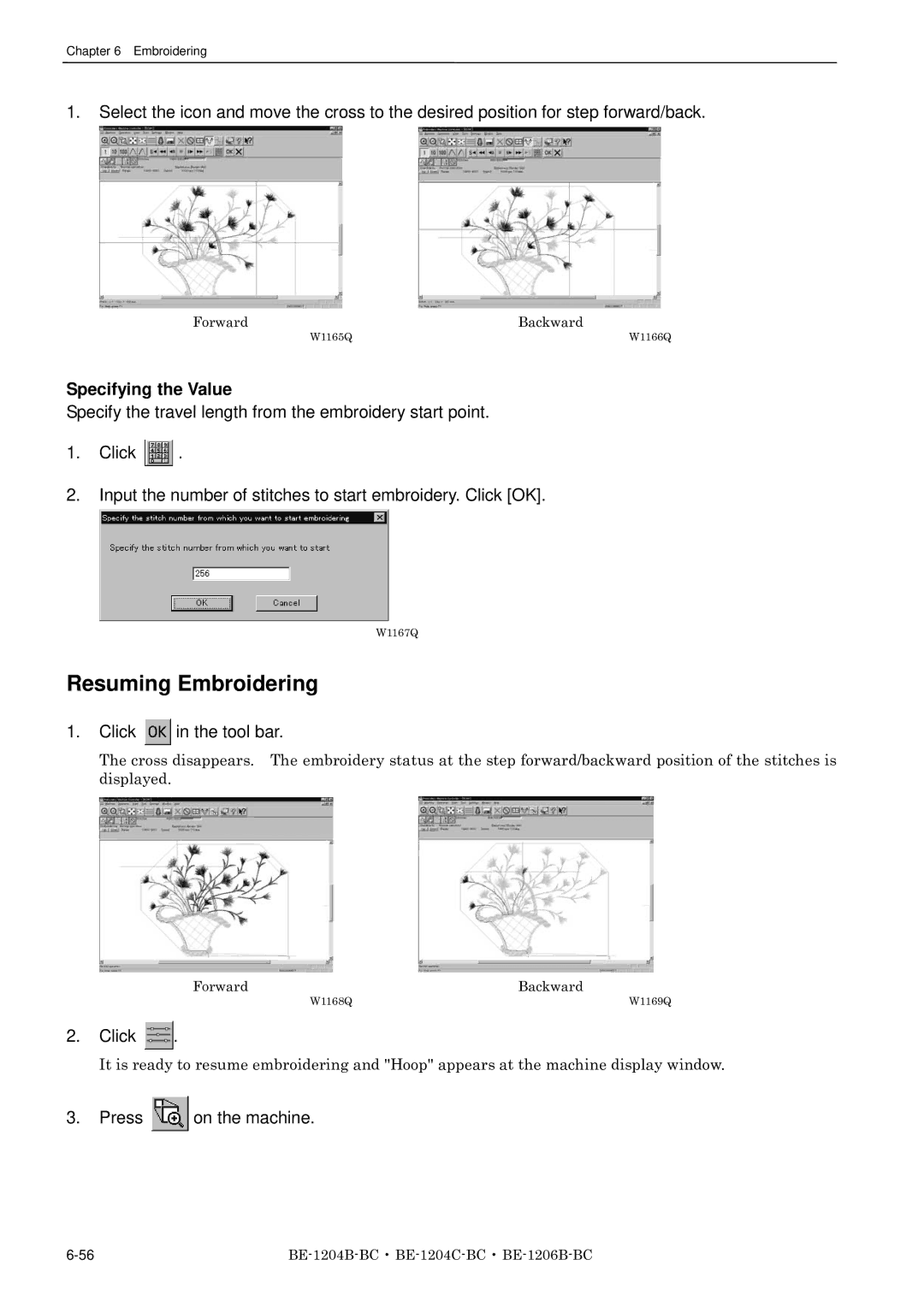 Brother BE-1204C-BC, BE-1206B-BC, BE-1204B-BC instruction manual Resuming Embroidering 