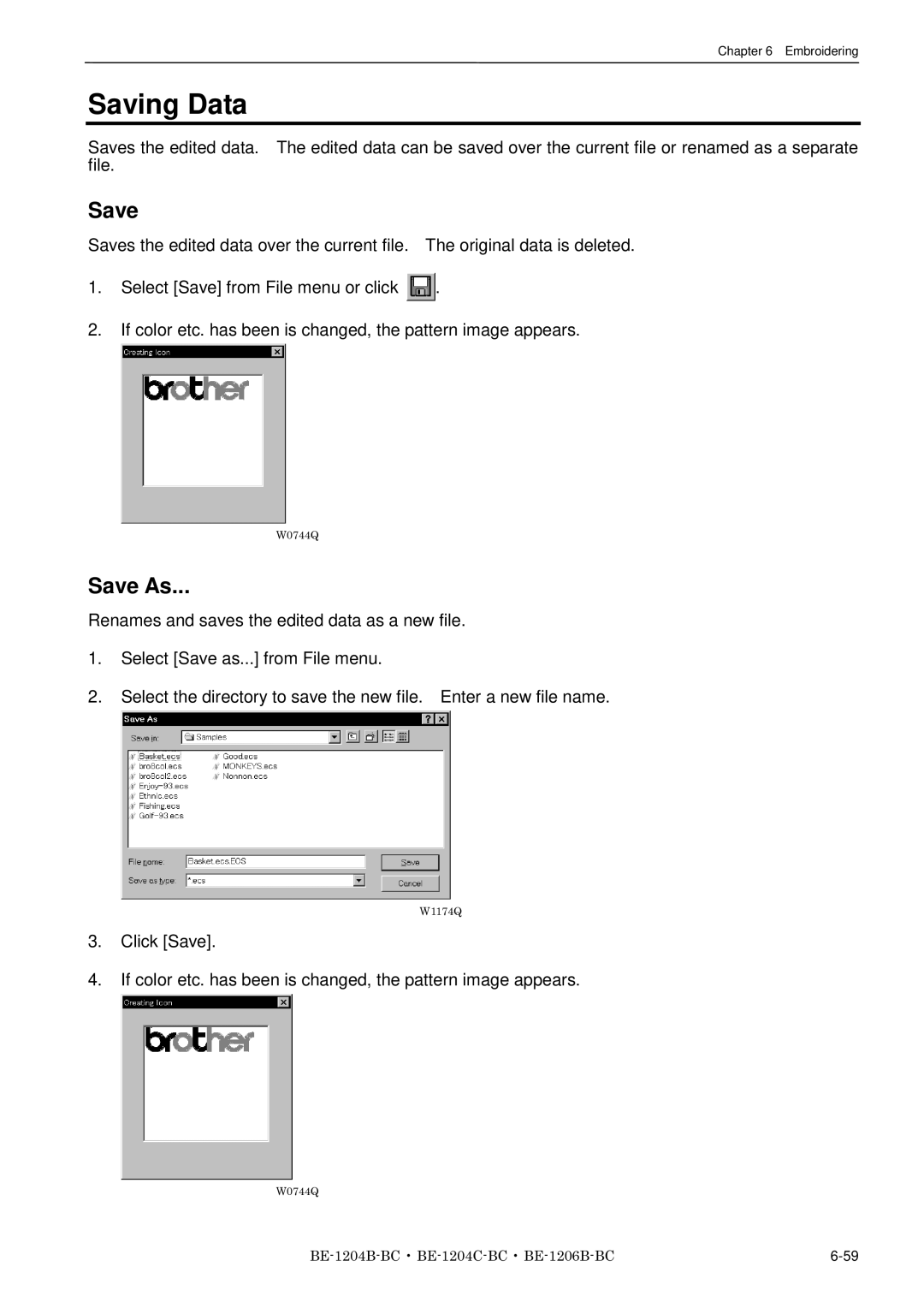 Brother BE-1204C-BC, BE-1206B-BC, BE-1204B-BC instruction manual Saving Data 