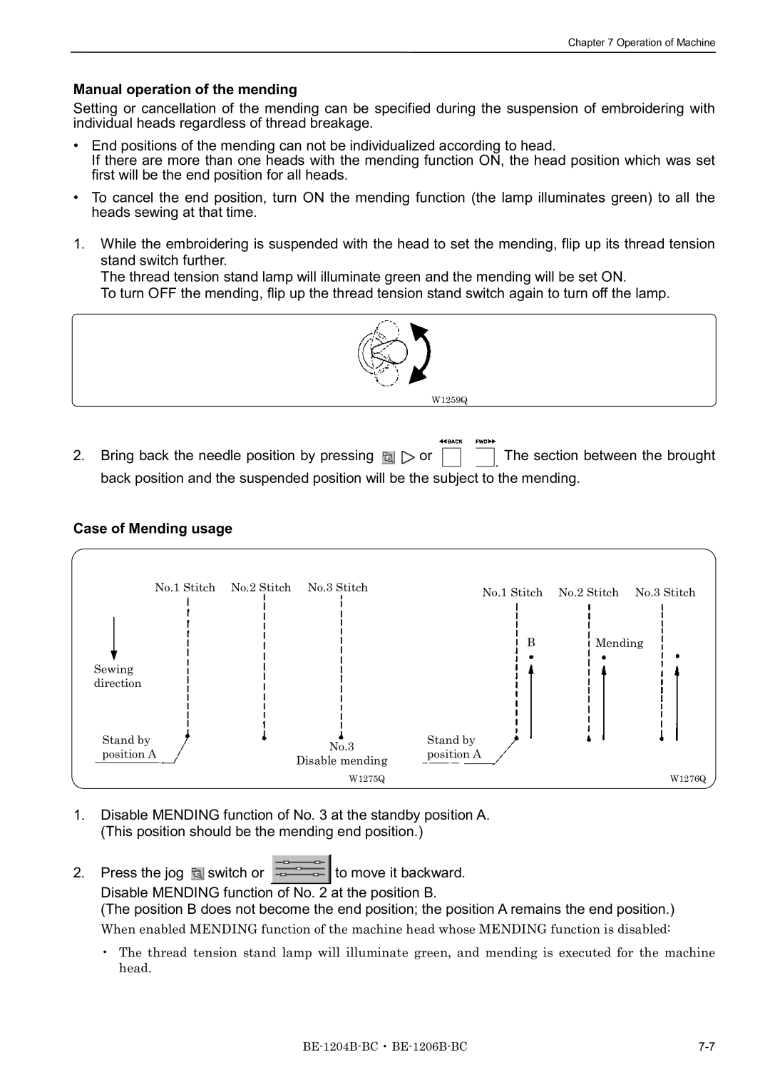 Brother BE-1206B-BC, BE-1204B-BC, BE-1204C-BC instruction manual Manual operation of the mending, Case of Mending usage 