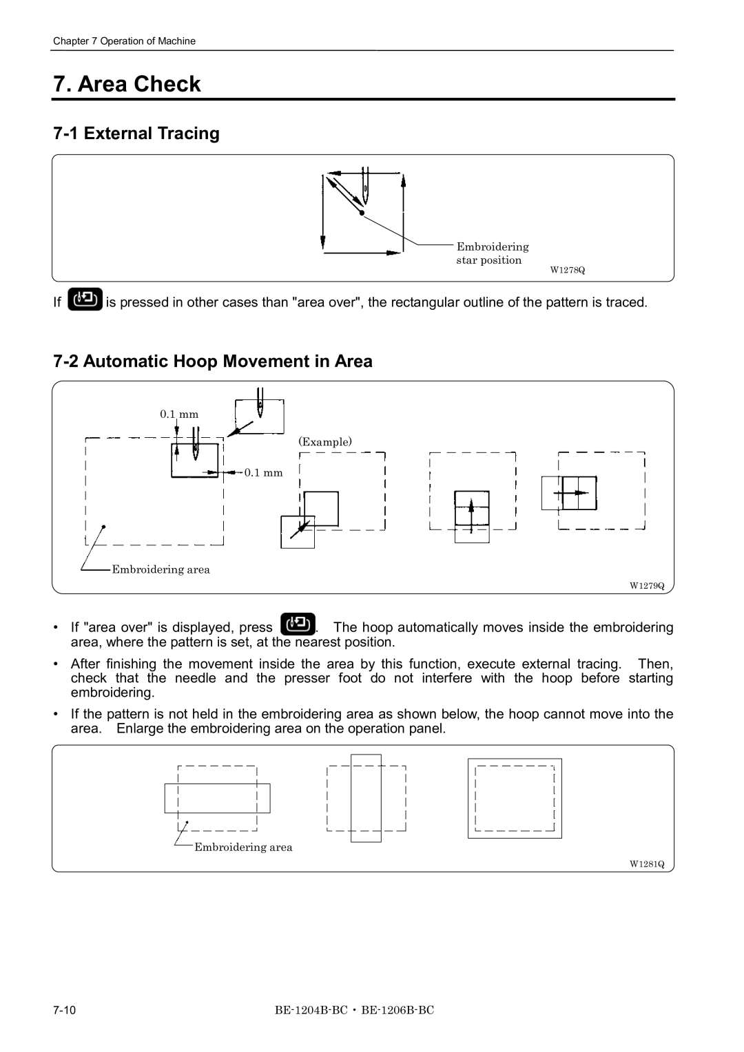 Brother BE-1206B-BC, BE-1204B-BC, BE-1204C-BC Area Check, External Tracing, Automatic Hoop Movement in Area 