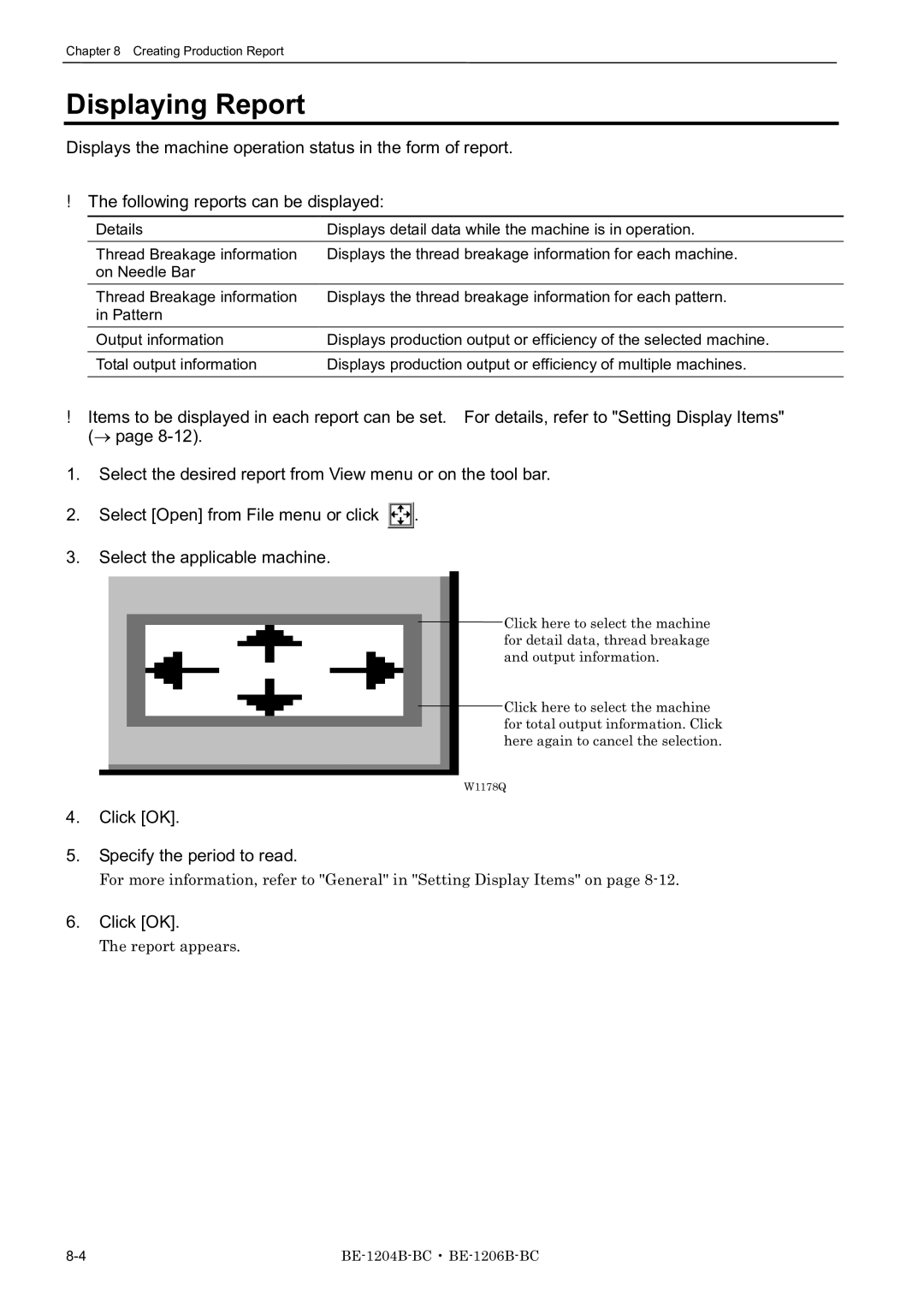 Brother BE-1206B-BC, BE-1204B-BC, BE-1204C-BC instruction manual Displaying Report, Click OK Specify the period to read 