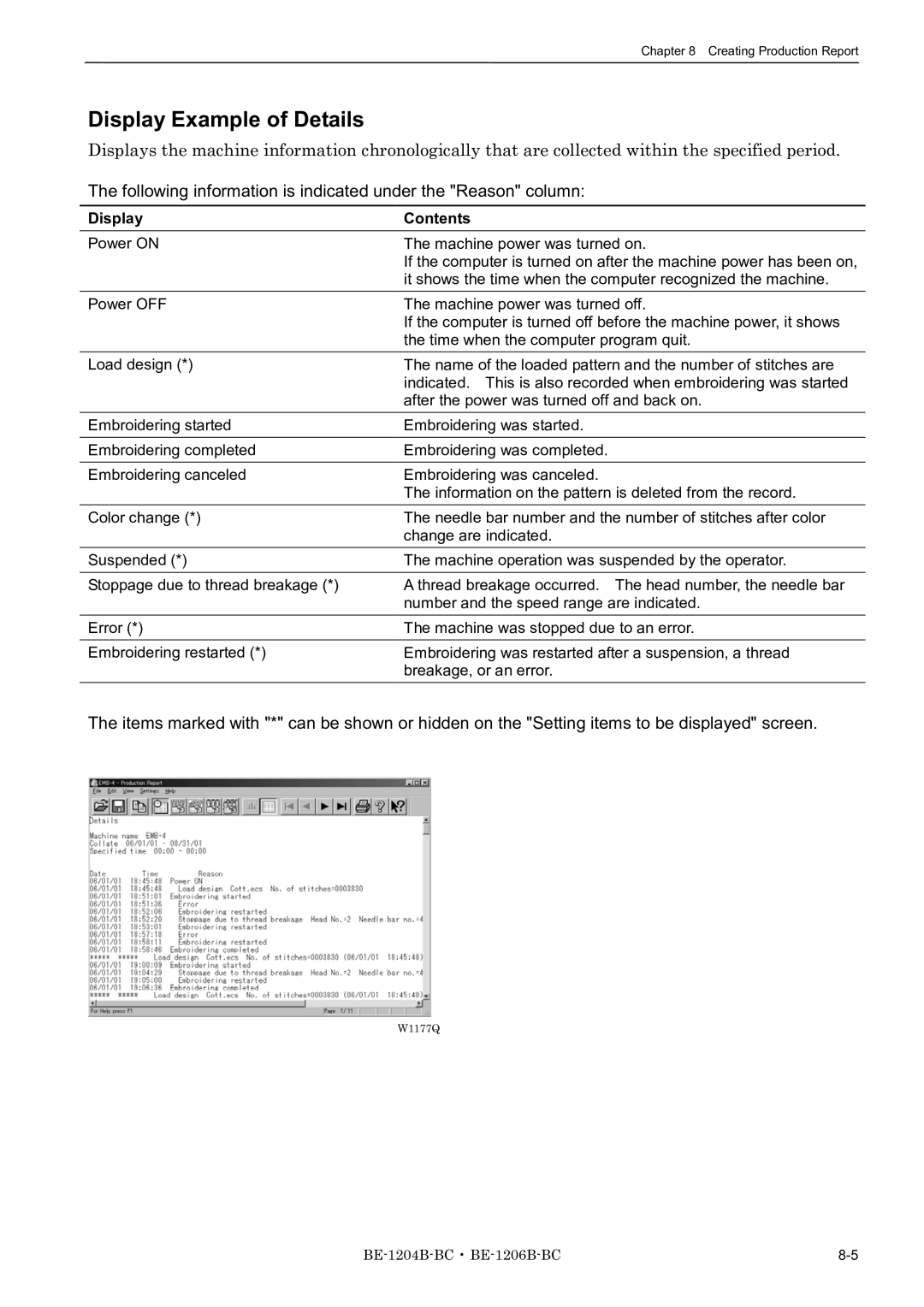 Brother BE-1204B-BC, BE-1206B-BC Display Example of Details, Following information is indicated under the Reason column 