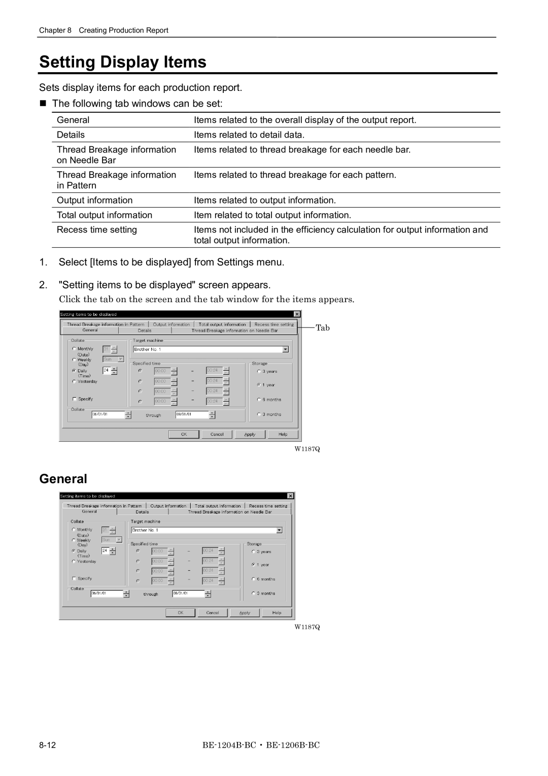 Brother BE-1204C-BC, BE-1206B-BC, BE-1204B-BC instruction manual Setting Display Items, General 