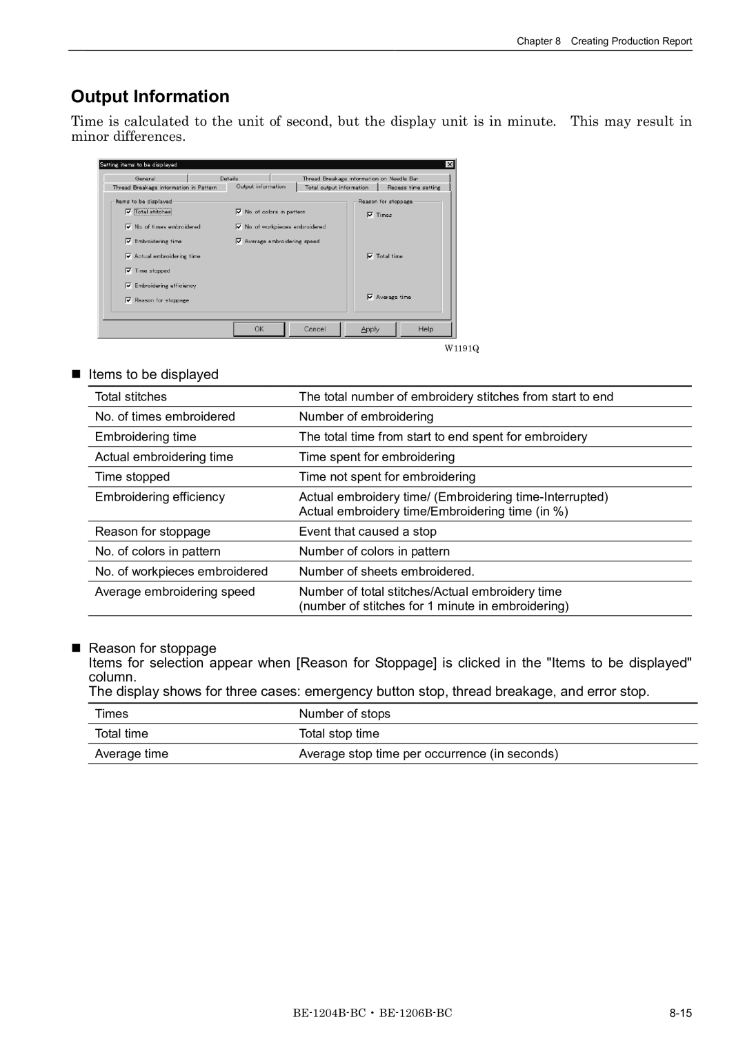 Brother BE-1204C-BC, BE-1206B-BC, BE-1204B-BC instruction manual Output Information, Items to be displayed 