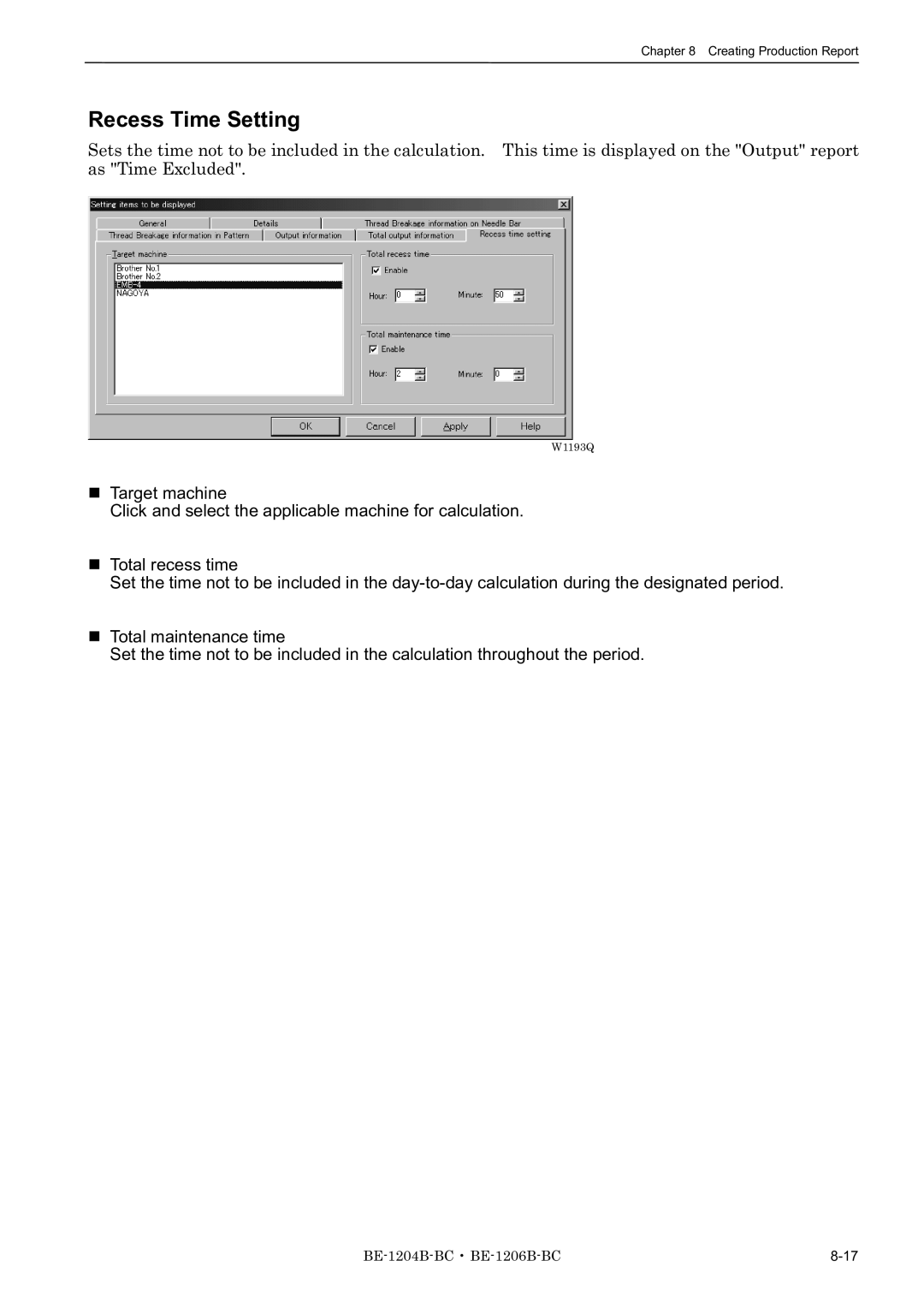 Brother BE-1204B-BC, BE-1206B-BC, BE-1204C-BC instruction manual Recess Time Setting 