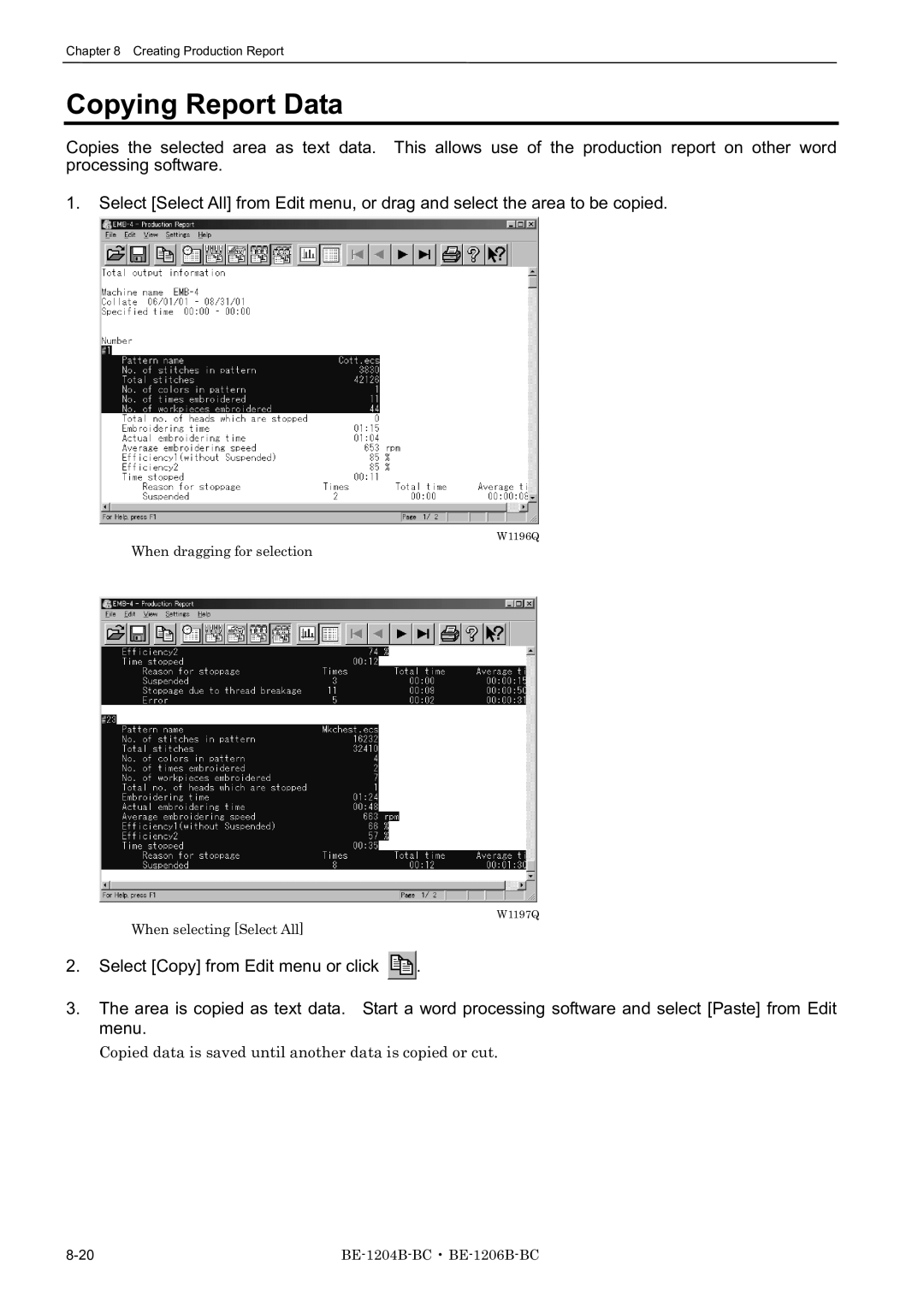 Brother BE-1204B-BC, BE-1206B-BC, BE-1204C-BC instruction manual Copying Report Data 