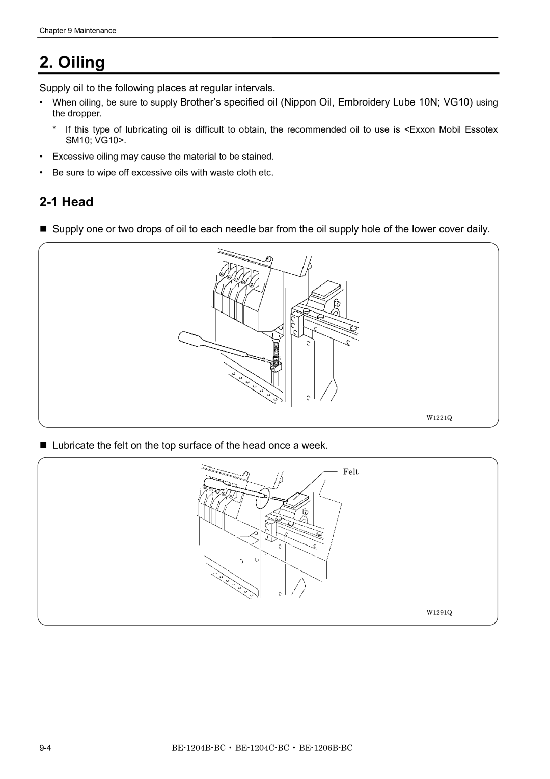 Brother BE-1204C-BC, BE-1206B-BC, BE-1204B-BC Oiling, Head, Supply oil to the following places at regular intervals 