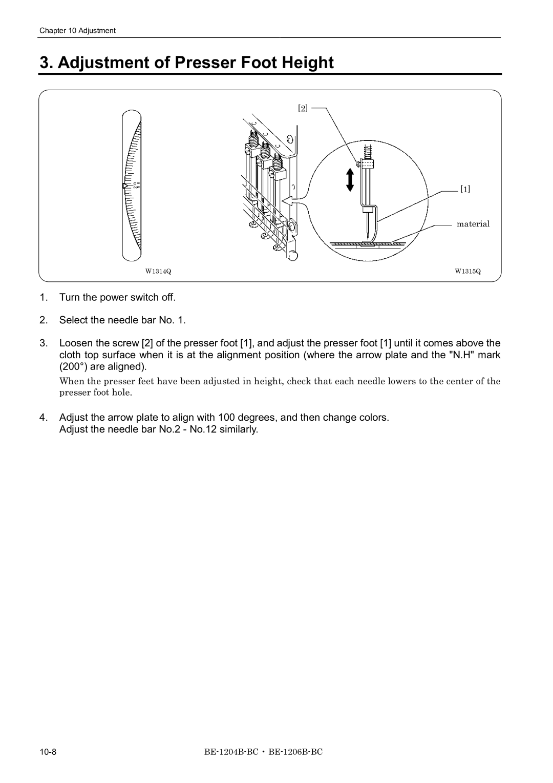 Brother BE-1204B-BC, BE-1206B-BC, BE-1204C-BC instruction manual Adjustment of Presser Foot Height 