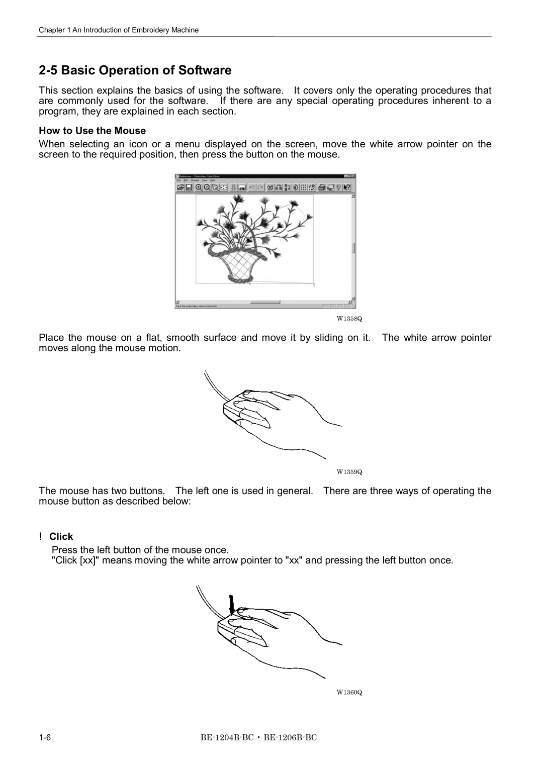 Brother BE-1206B-BC, BE-1204B-BC, BE-1204C-BC instruction manual Basic Operation of Software, How to Use the Mouse, Click 