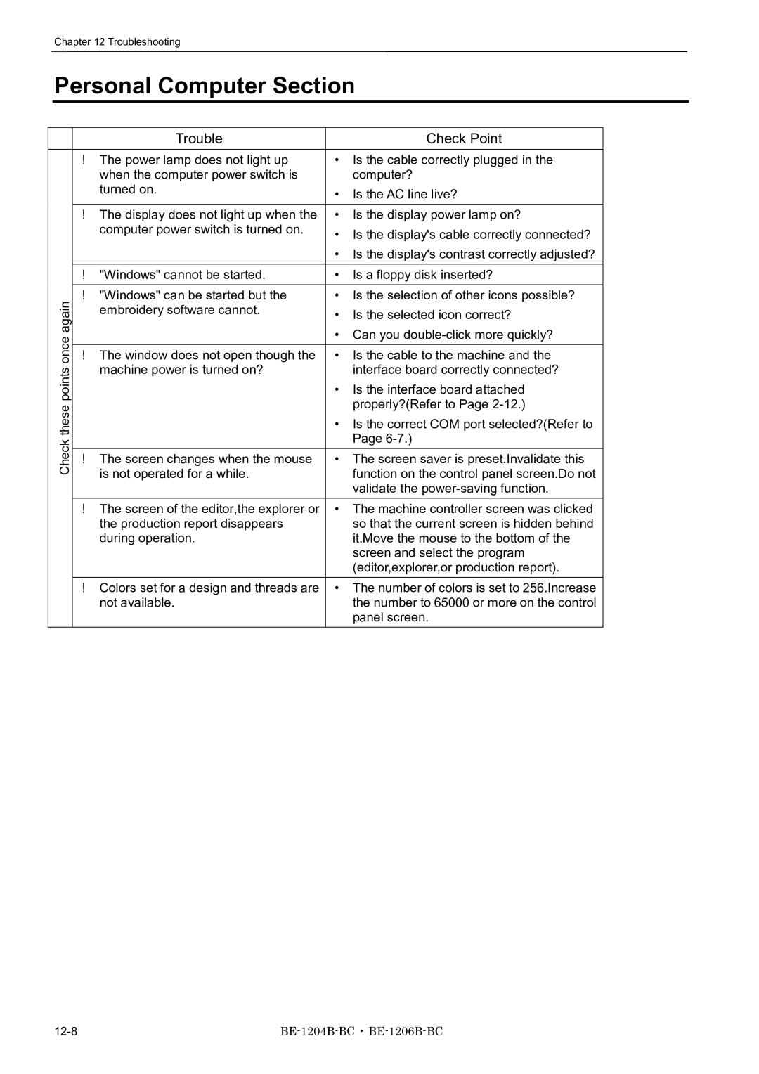 Brother BE-1204B-BC, BE-1206B-BC, BE-1204C-BC instruction manual Personal Computer Section, Trouble Check Point 