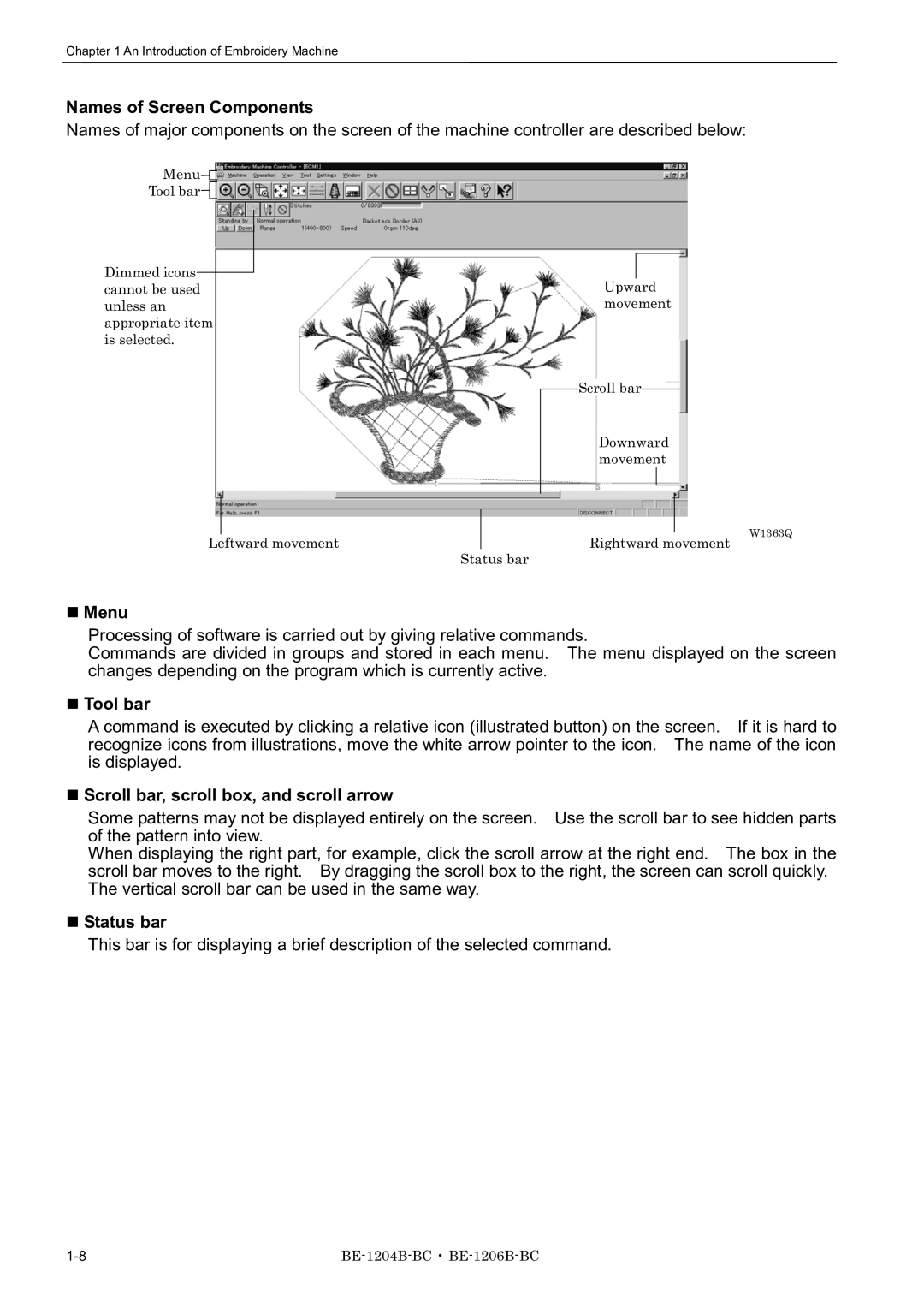 Brother BE-1204C-BC Names of Screen Components, Menu, Tool bar, Scroll bar, scroll box, and scroll arrow, Status bar 