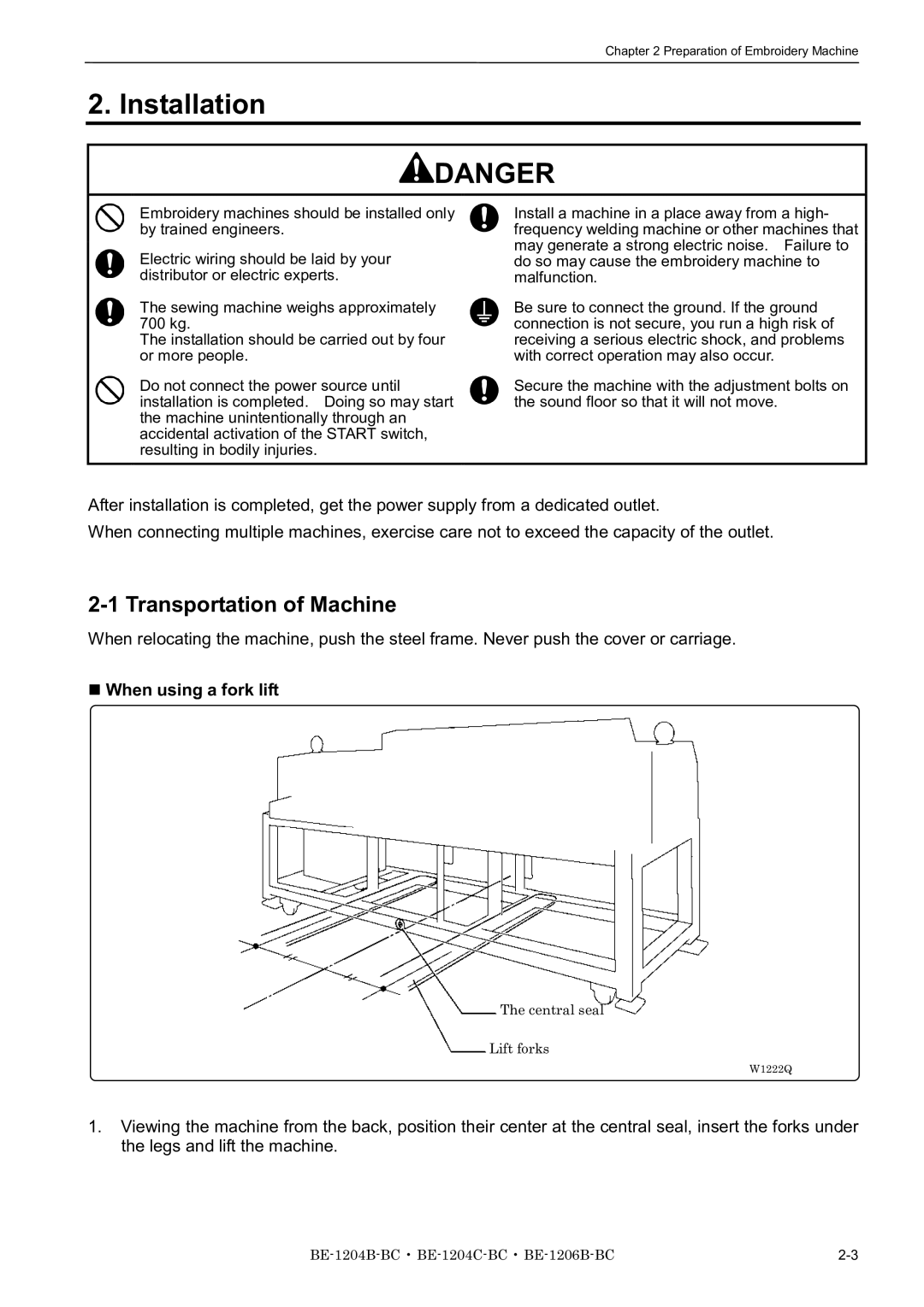 Brother BE-1204B-BC, BE-1206B-BC, BE-1204C-BC Installation, Transportation of Machine, When using a fork lift 