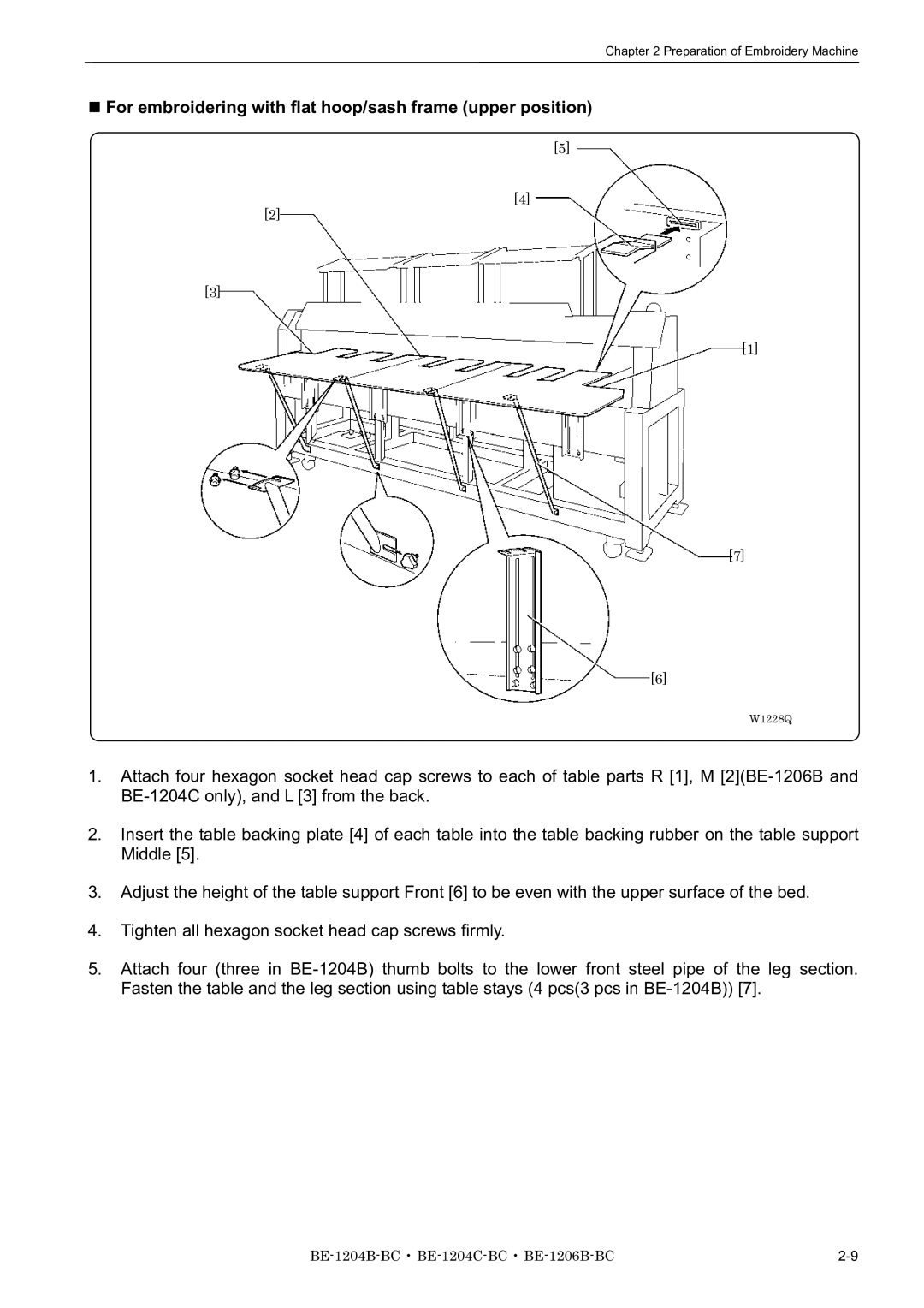 Brother BE-1204B-BC, BE-1206B-BC, BE-1204C-BC instruction manual For embroidering with flat hoop/sash frame upper position 