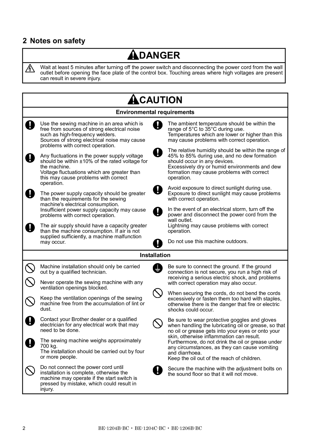 Brother BE-1204B-BC, BE-1206B-BC, BE-1204C-BC instruction manual Environmental requirements, Installation 