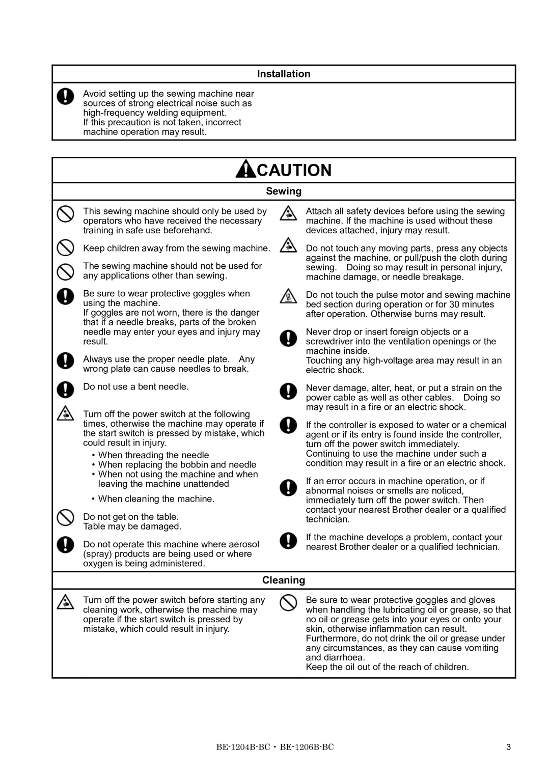 Brother BE-1204C-BC, BE-1206B-BC, BE-1204B-BC instruction manual Sewing, Cleaning 