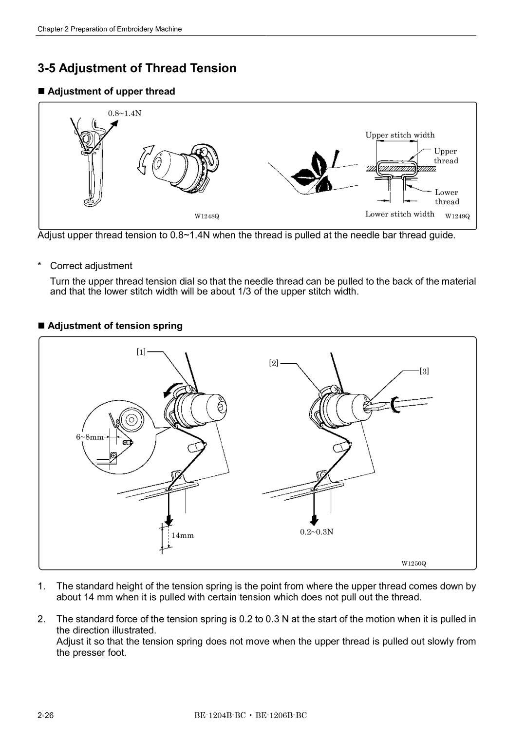 Brother BE-1206B-BC, BE-1204B-BC Adjustment of Thread Tension, Adjustment of upper thread, Adjustment of tension spring 