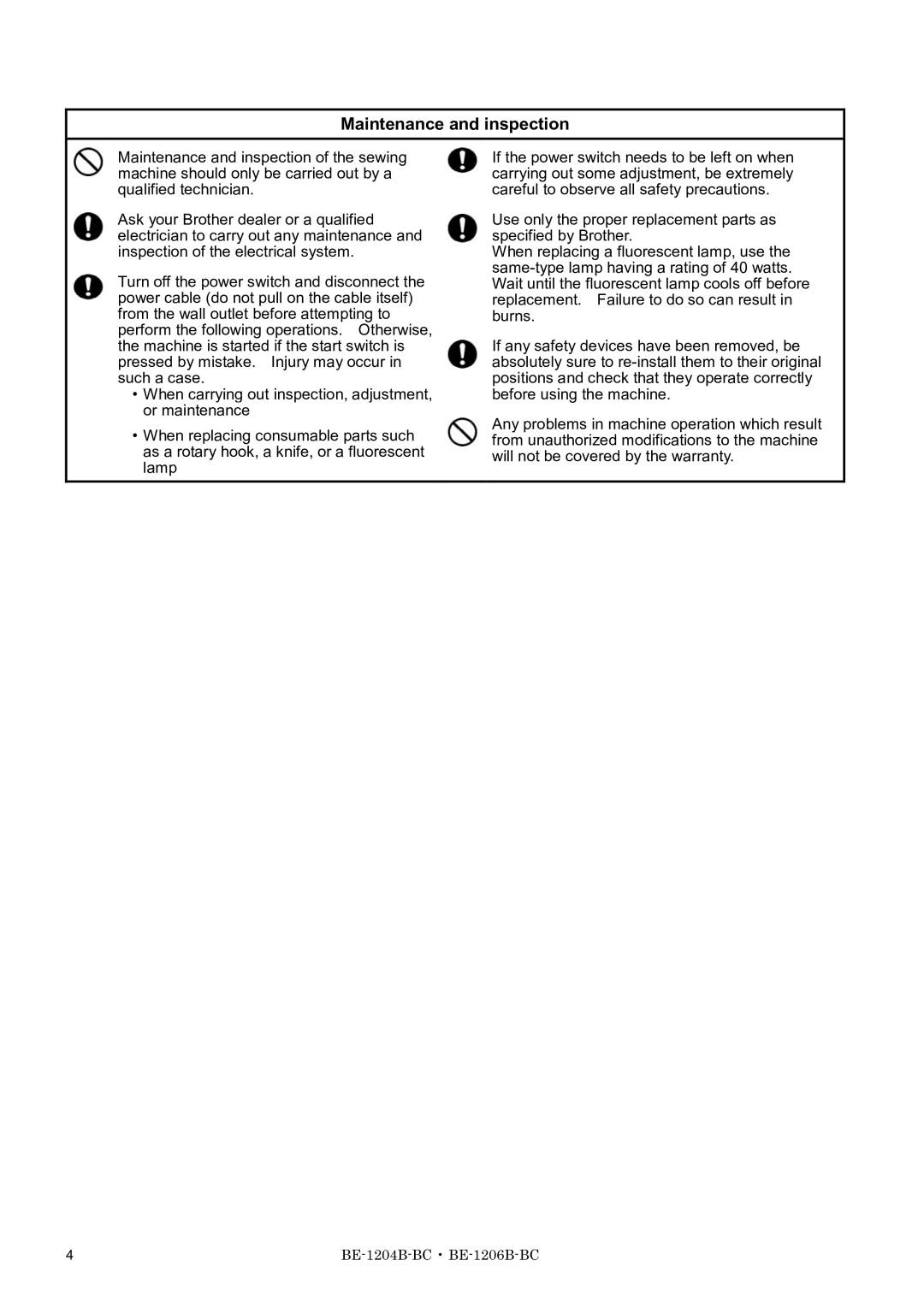 Brother BE-1206B-BC, BE-1204B-BC, BE-1204C-BC instruction manual Maintenance and inspection 