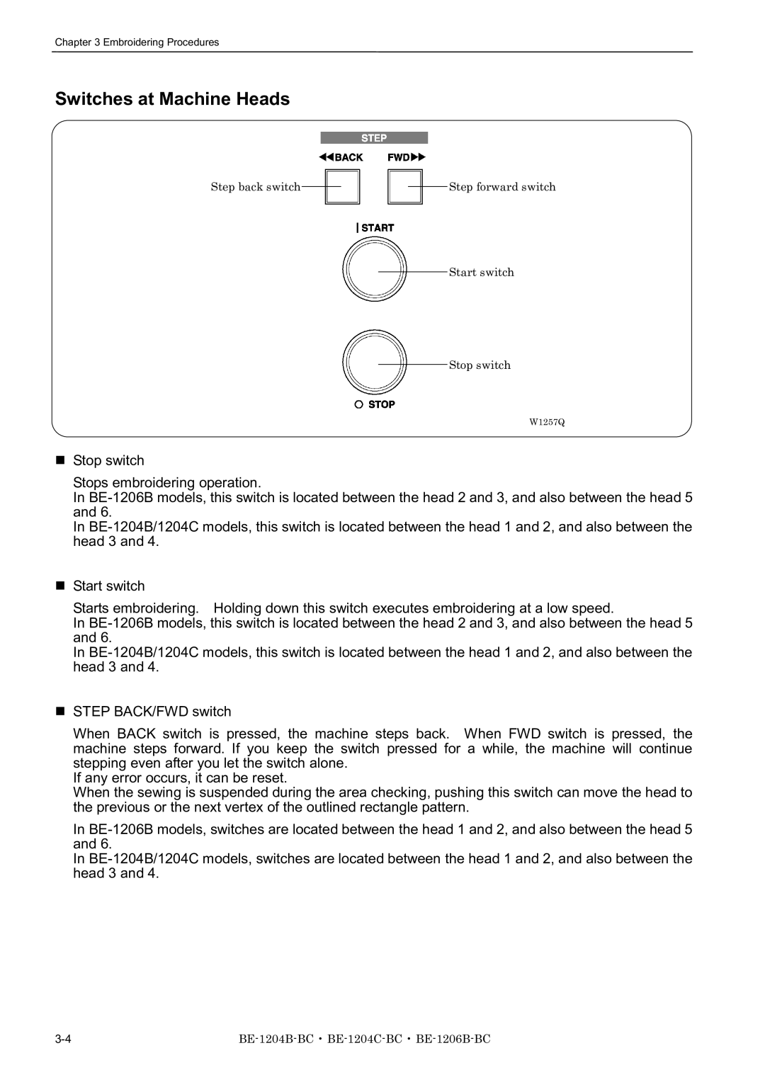 Brother BE-1206B-BC, BE-1204B-BC, BE-1204C-BC instruction manual Switches at Machine Heads 