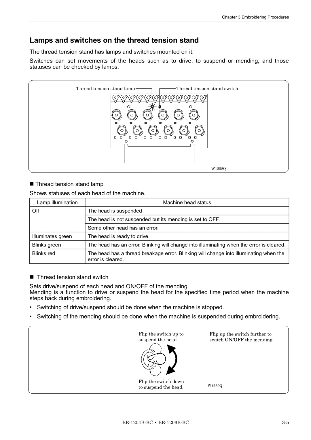 Brother BE-1204B-BC, BE-1206B-BC, BE-1204C-BC instruction manual Lamps and switches on the thread tension stand 