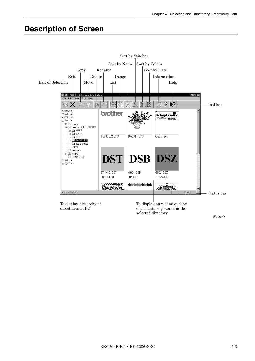 Brother BE-1206B-BC, BE-1204B-BC, BE-1204C-BC instruction manual Description of Screen 