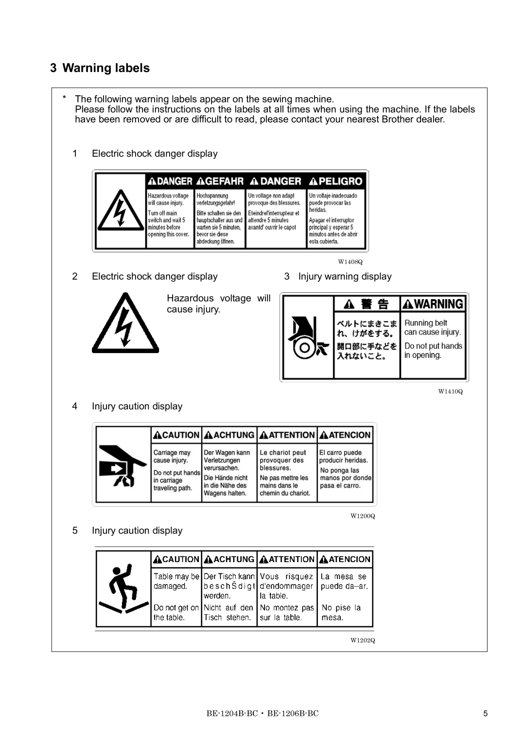 Brother BE-1204B-BC, BE-1206B-BC, BE-1204C-BC instruction manual Injury caution display 