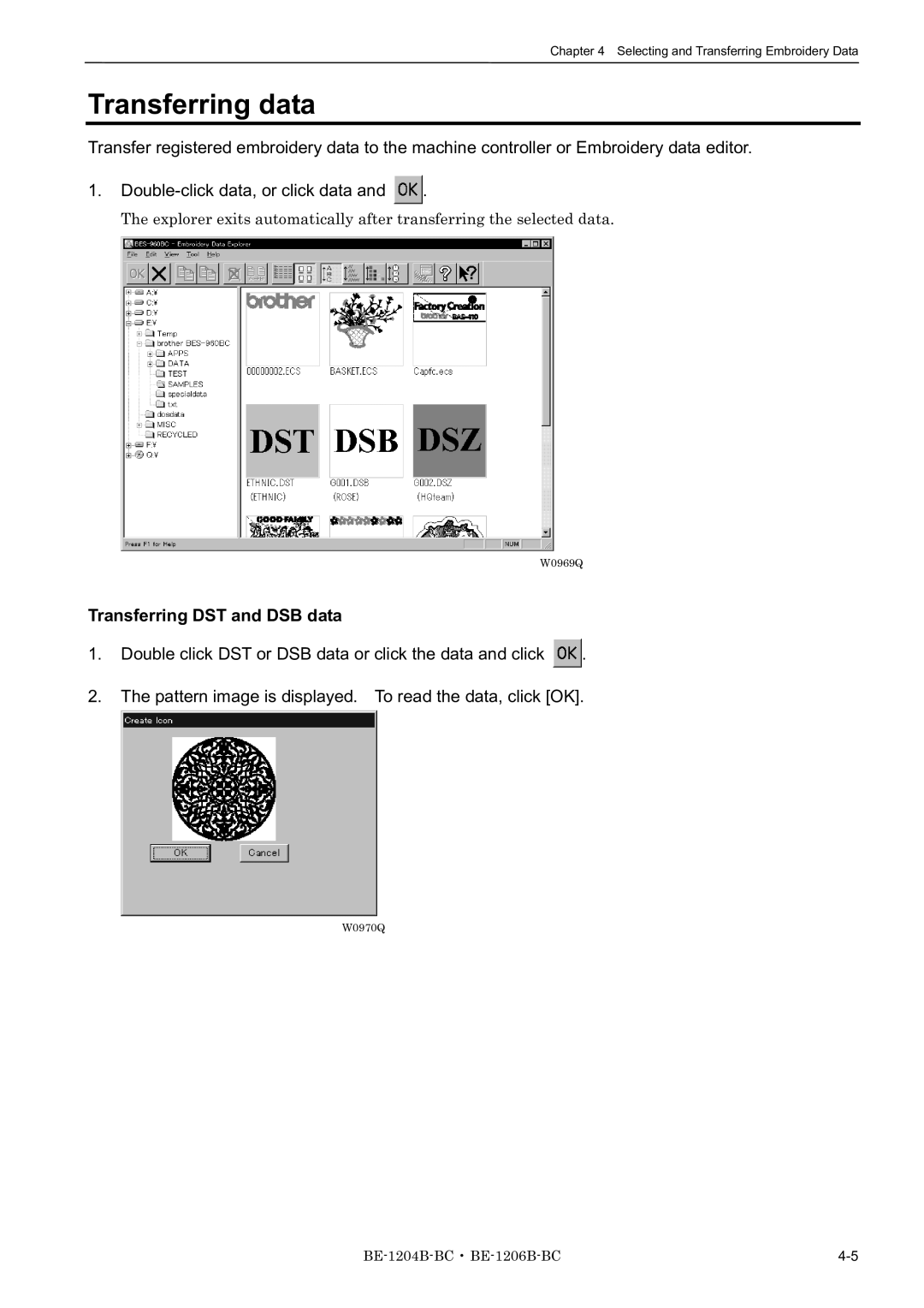 Brother BE-1204C-BC, BE-1206B-BC, BE-1204B-BC instruction manual Transferring data, Transferring DST and DSB data 