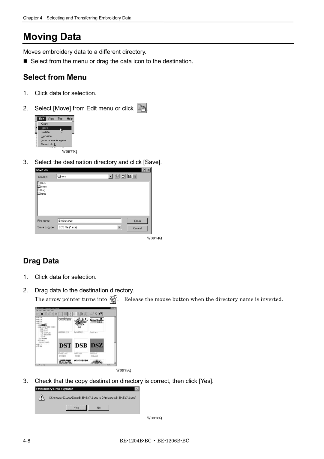 Brother BE-1204C-BC, BE-1206B-BC, BE-1204B-BC instruction manual Moving Data, Select the destination directory and click Save 