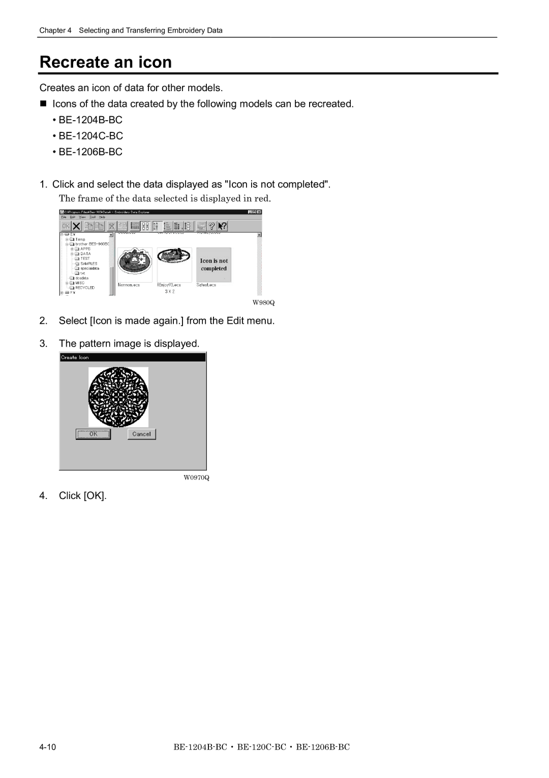 Brother BE-1204B-BC, BE-1206B-BC, BE-1204C-BC instruction manual Recreate an icon, Click OK 