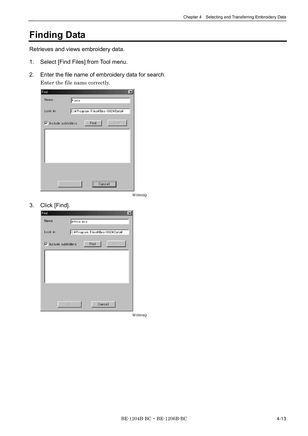 Brother BE-1204B-BC, BE-1206B-BC, BE-1204C-BC instruction manual Finding Data, Click Find 