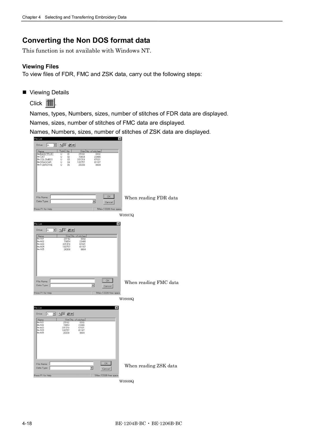 Brother BE-1206B-BC Converting the Non DOS format data, This function is not available with Windows NT, Viewing Files 