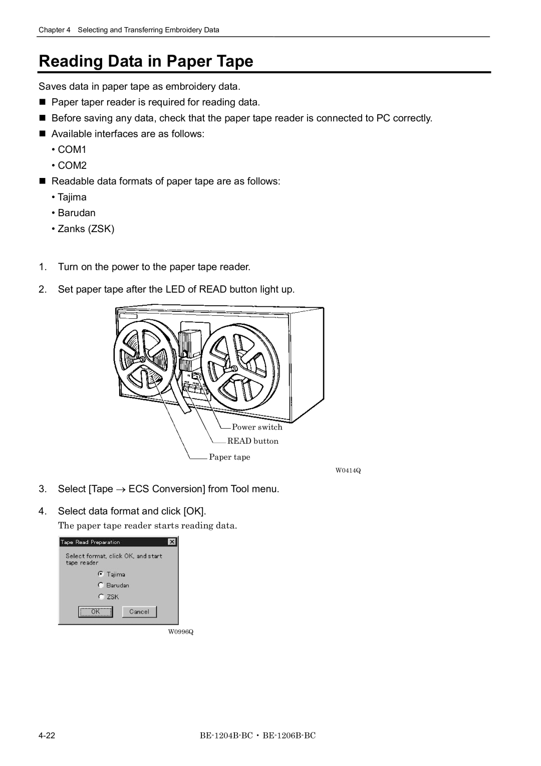 Brother BE-1204B-BC, BE-1206B-BC, BE-1204C-BC instruction manual Reading Data in Paper Tape 