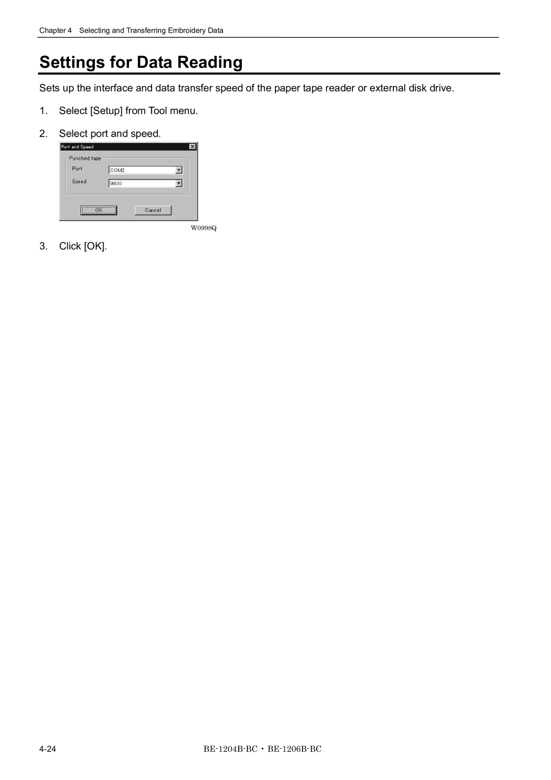 Brother BE-1206B-BC, BE-1204B-BC, BE-1204C-BC instruction manual Settings for Data Reading, Click OK 