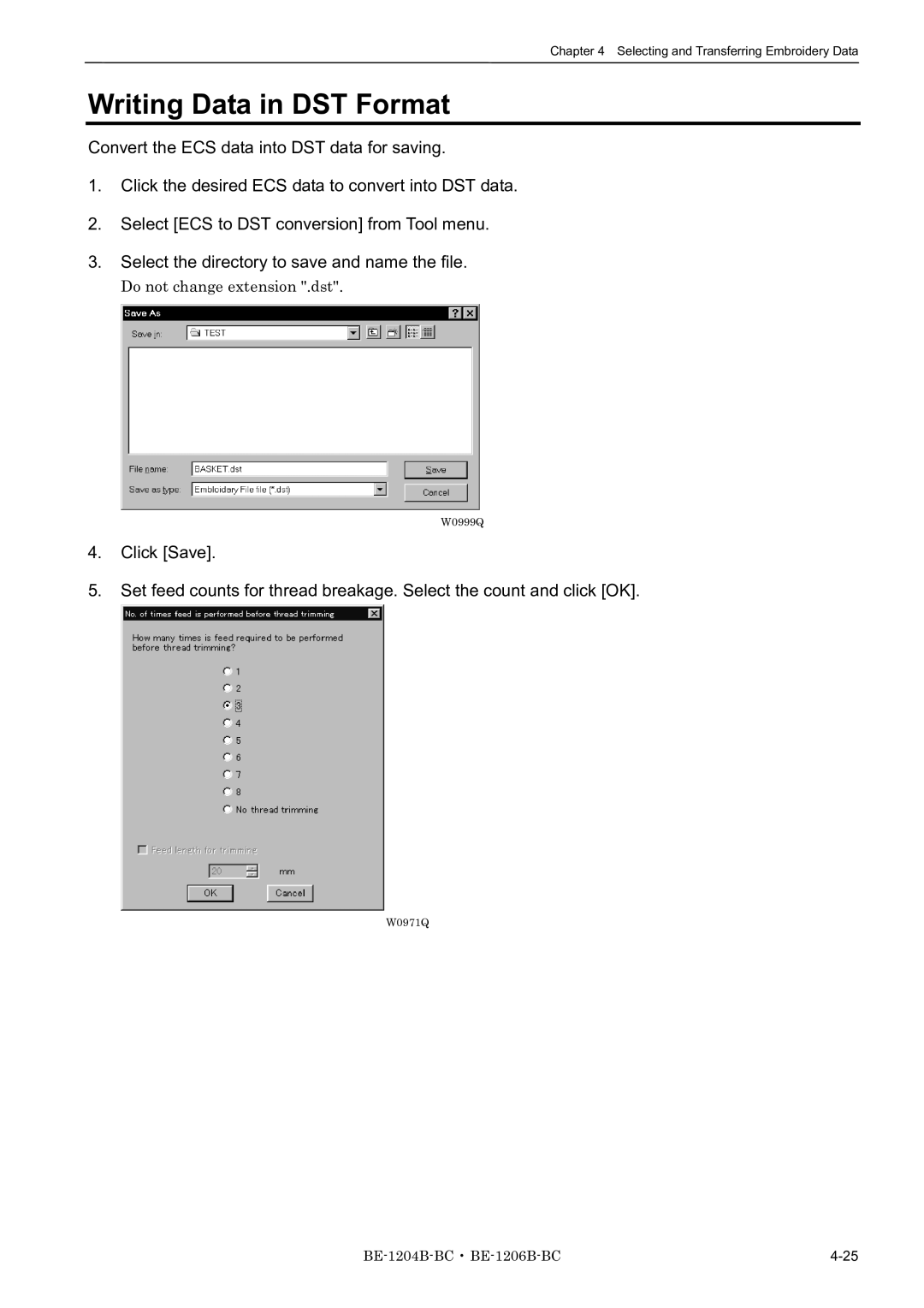 Brother BE-1204B-BC, BE-1206B-BC, BE-1204C-BC instruction manual Writing Data in DST Format 