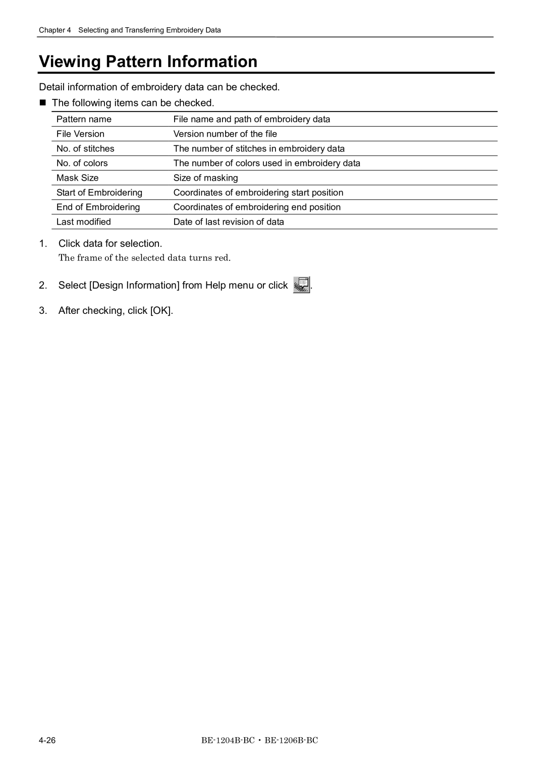 Brother BE-1204C-BC, BE-1206B-BC, BE-1204B-BC instruction manual Viewing Pattern Information, Click data for selection 