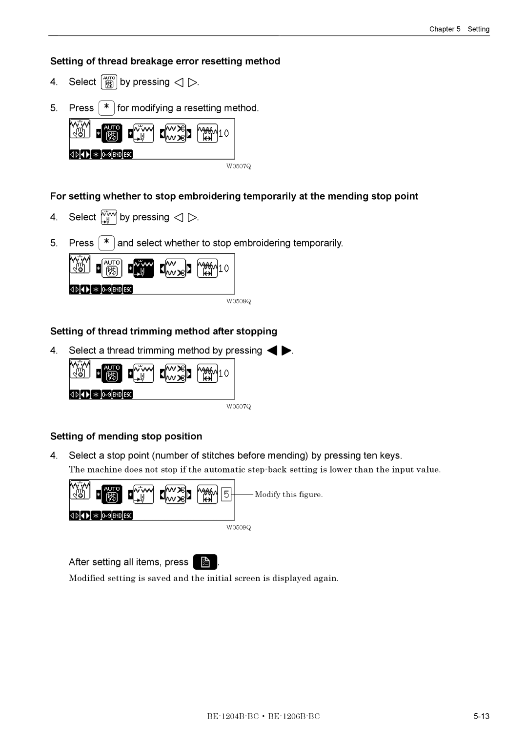 Brother BE-1204B-BC Setting of thread breakage error resetting method, Setting of thread trimming method after stopping 