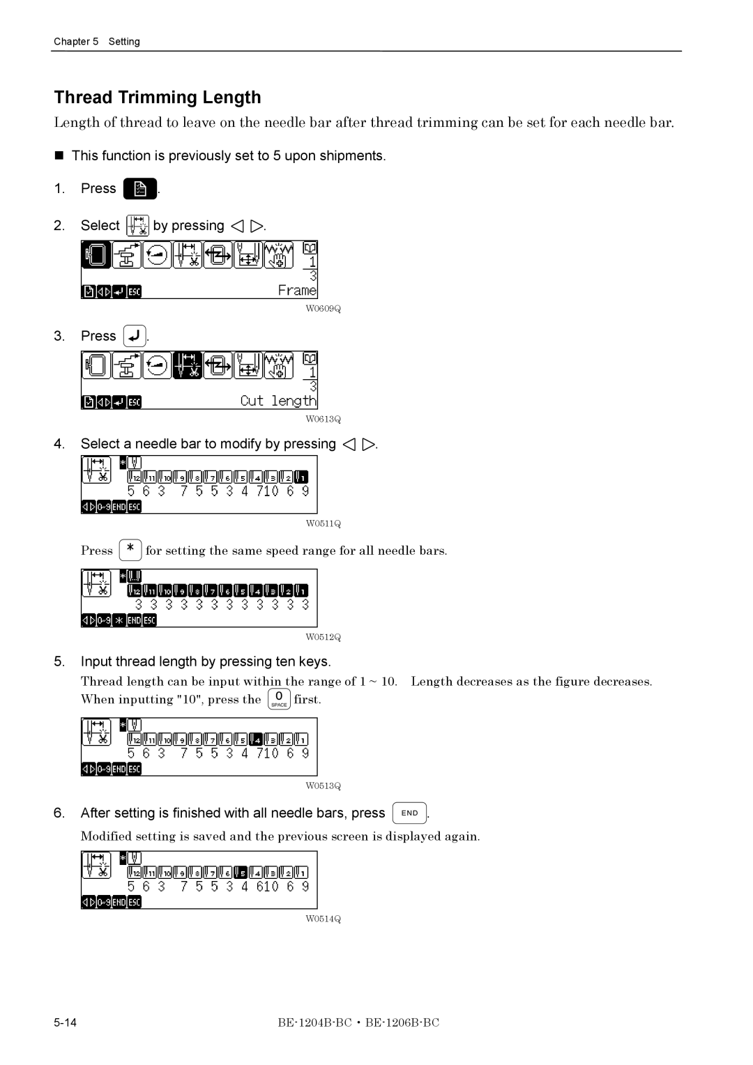 Brother BE-1206B-BC, BE-1204B-BC instruction manual Thread Trimming Length, Select a needle bar to modify by pressing 