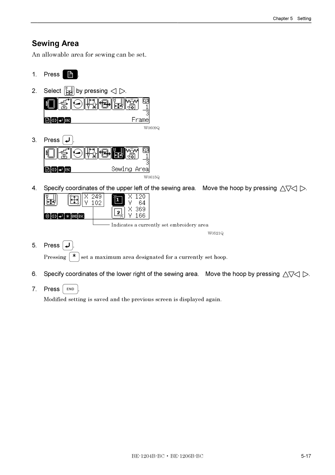 Brother BE-1204B-BC, BE-1206B-BC instruction manual Sewing Area, An allowable area for sewing can be set 