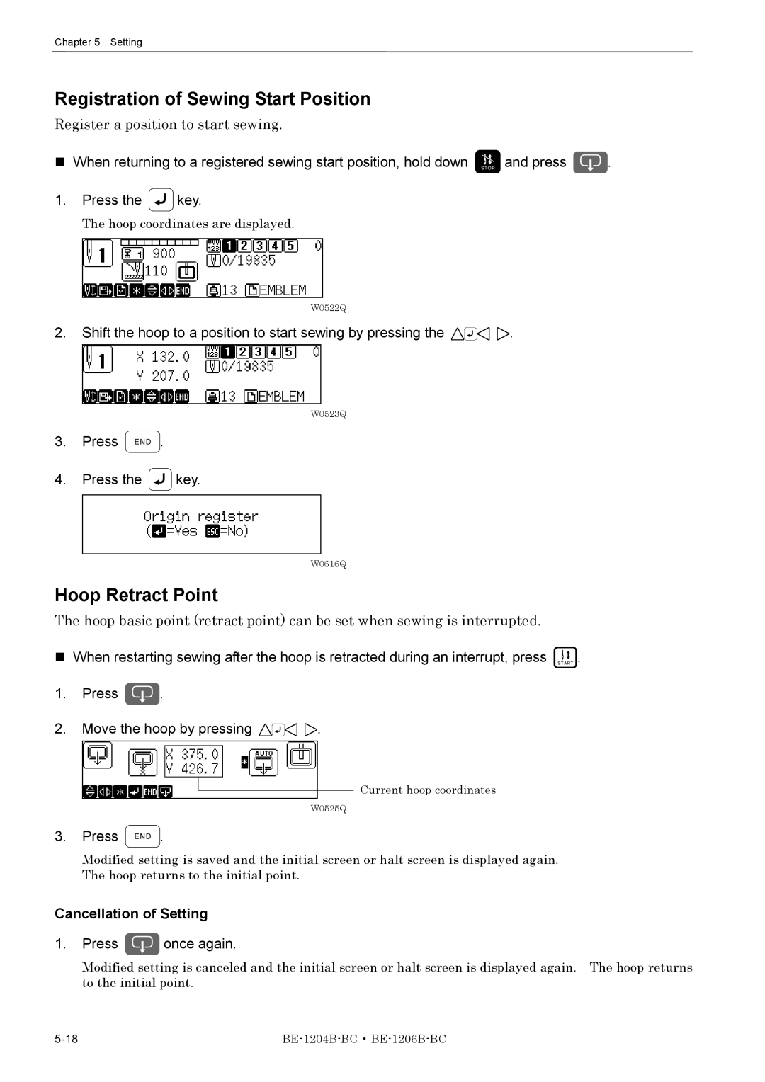 Brother BE-1206B-BC Registration of Sewing Start Position, Register a position to start sewing, Cancellation of Setting 