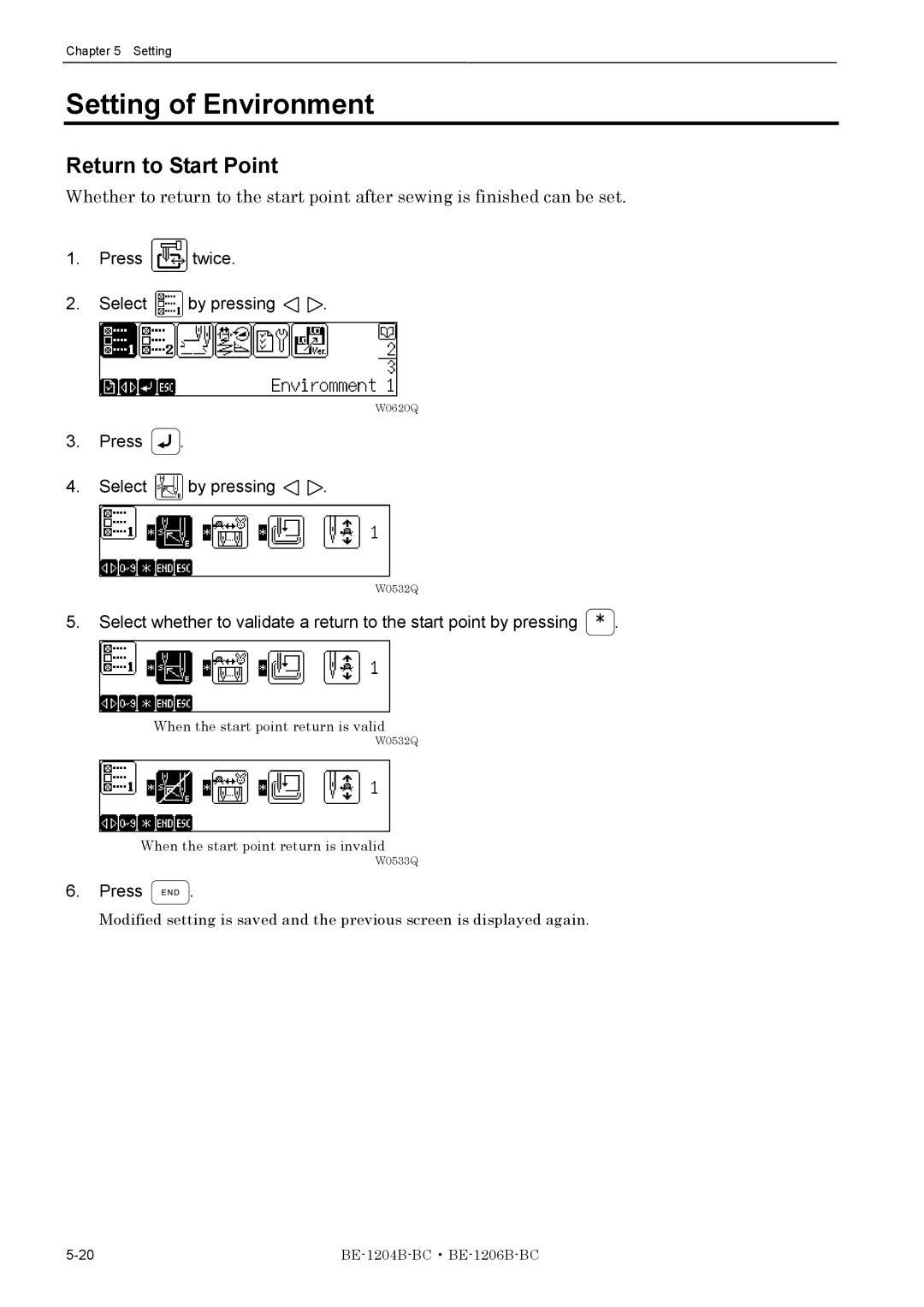 Brother BE-1206B-BC, BE-1204B-BC Setting of Environment, Return to Start Point, Press twice Select by pressing 