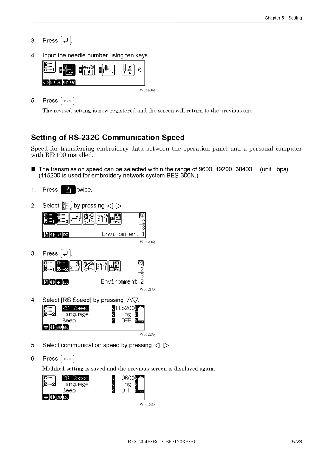 Brother BE-1204B-BC, BE-1206B-BC Setting of RS-232C Communication Speed, Press Input the needle number using ten keys 