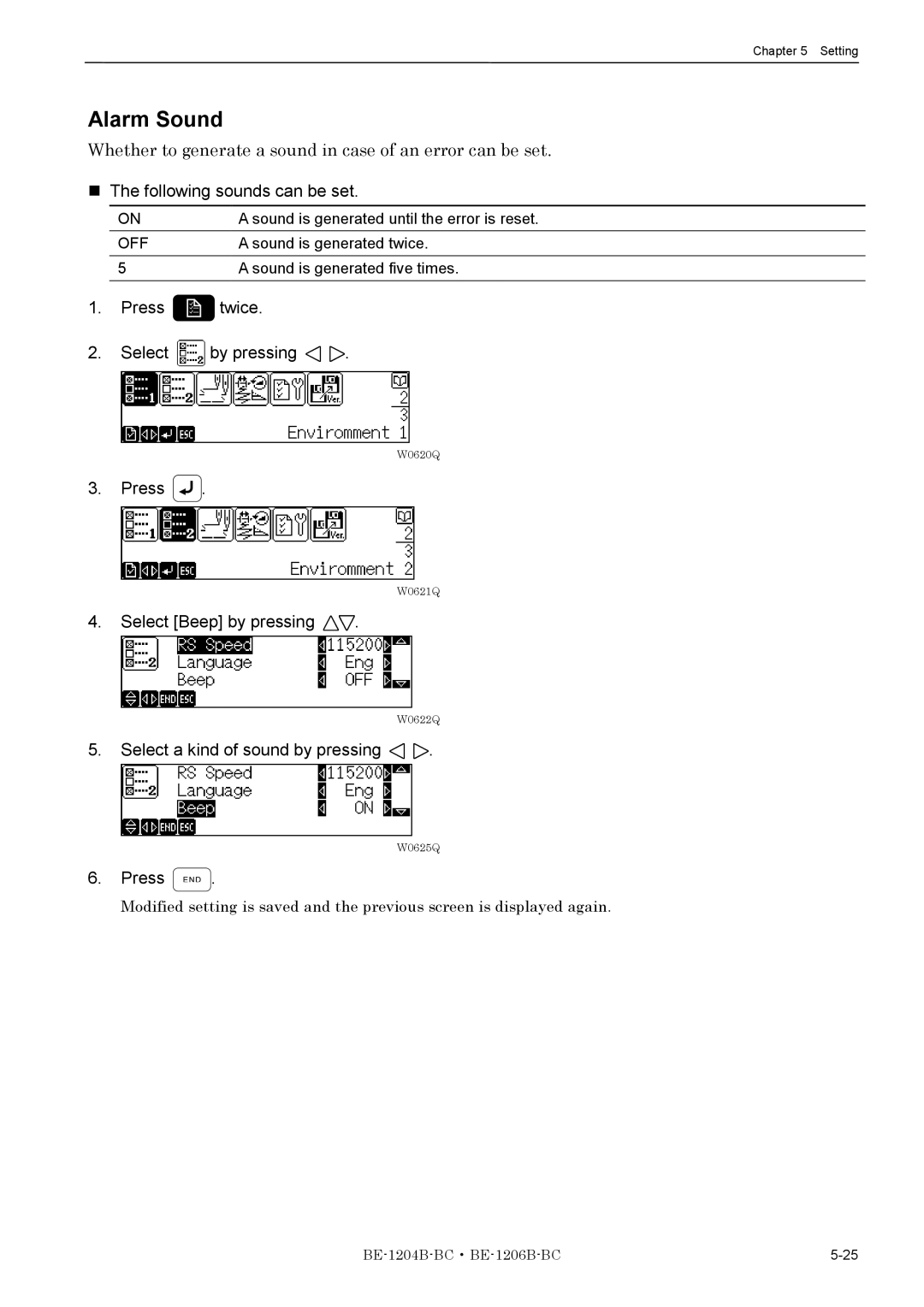 Brother BE-1204B-BC Alarm Sound, Whether to generate a sound in case of an error can be set, Following sounds can be set 