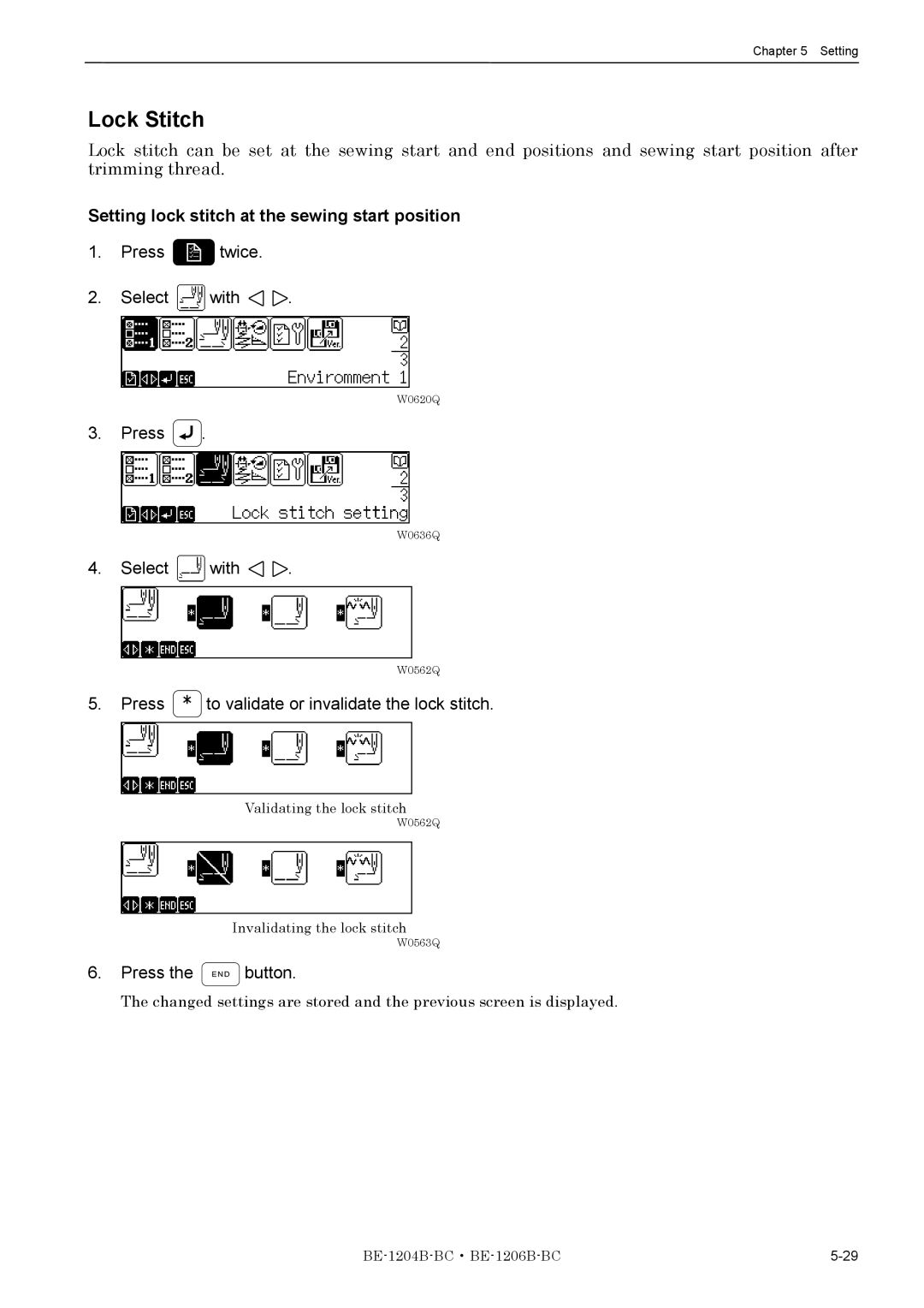 Brother BE-1204B-BC, BE-1206B-BC instruction manual Lock Stitch, Setting lock stitch at the sewing start position 